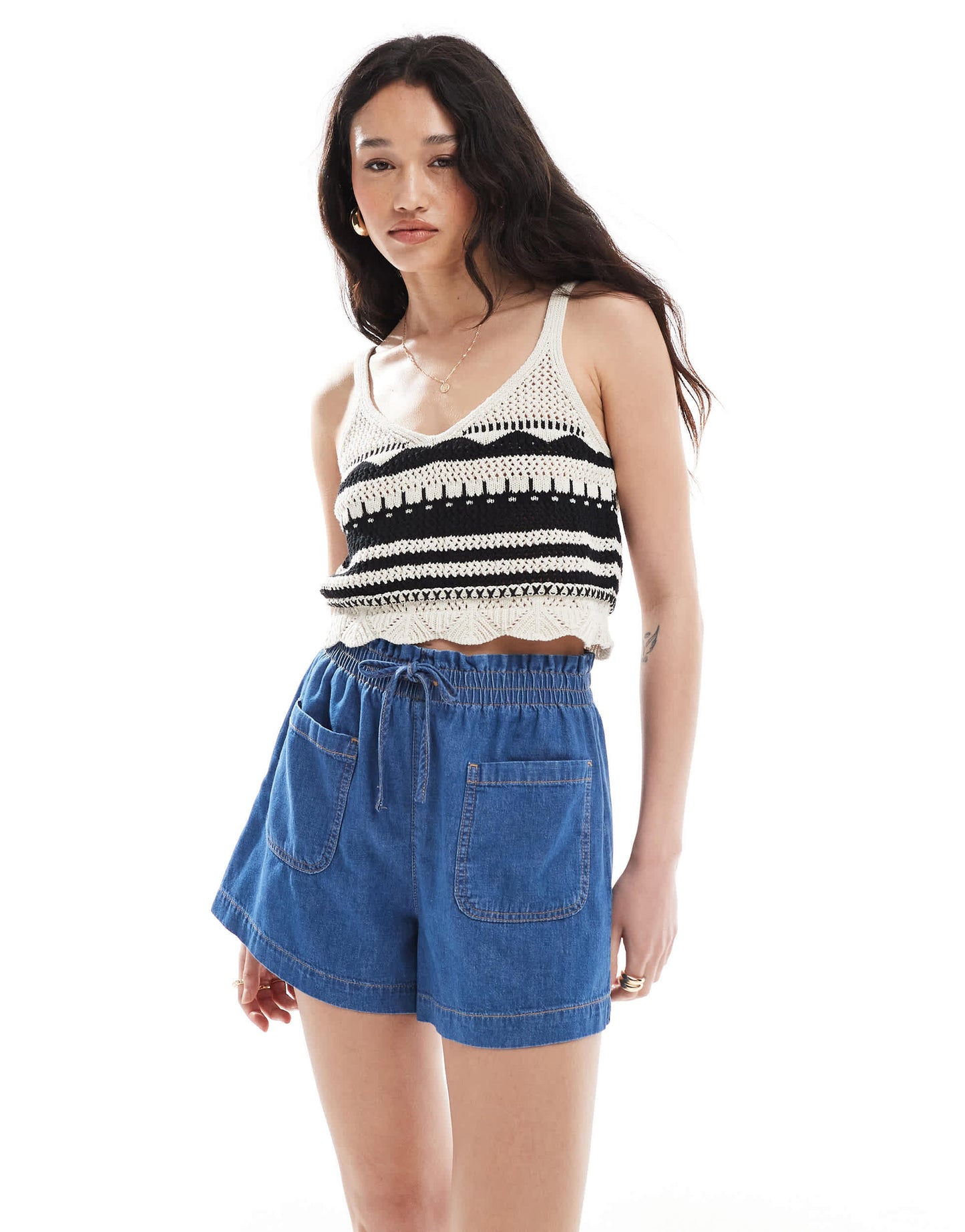 ASOS DESIGN denim pull on shorts in mid blue