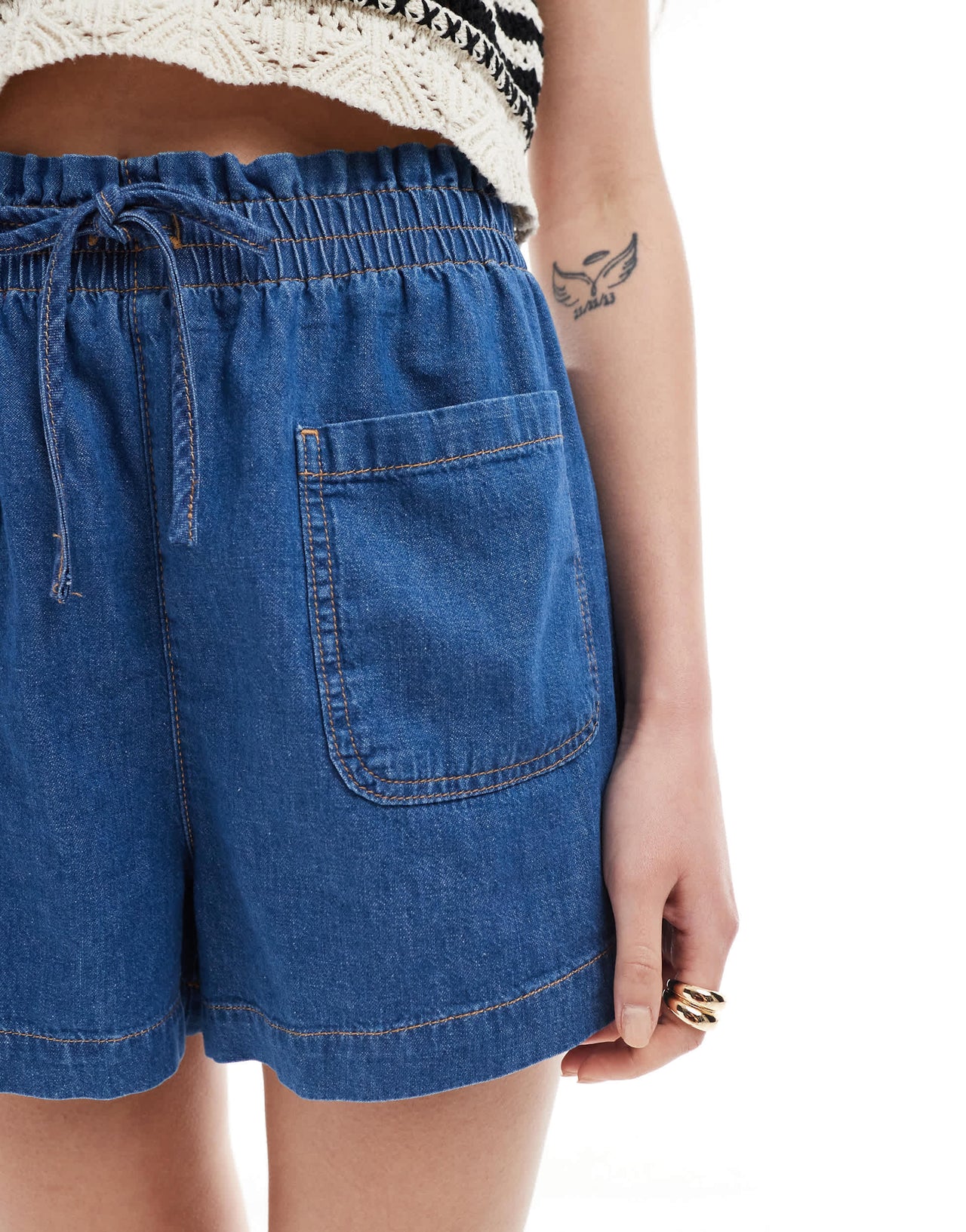 ASOS DESIGN denim pull on shorts in mid blue