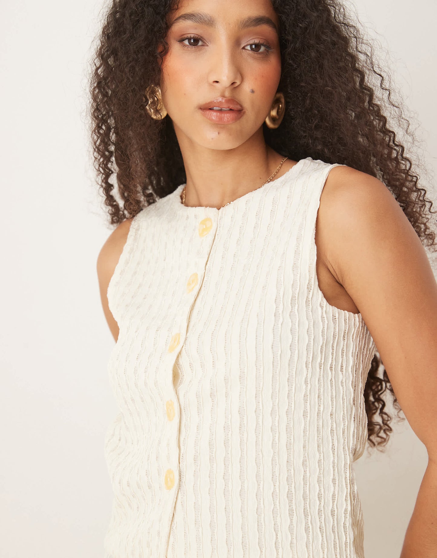 ASOS DESIGN co-ord textured semi sheer crochet waistcoat top in cream