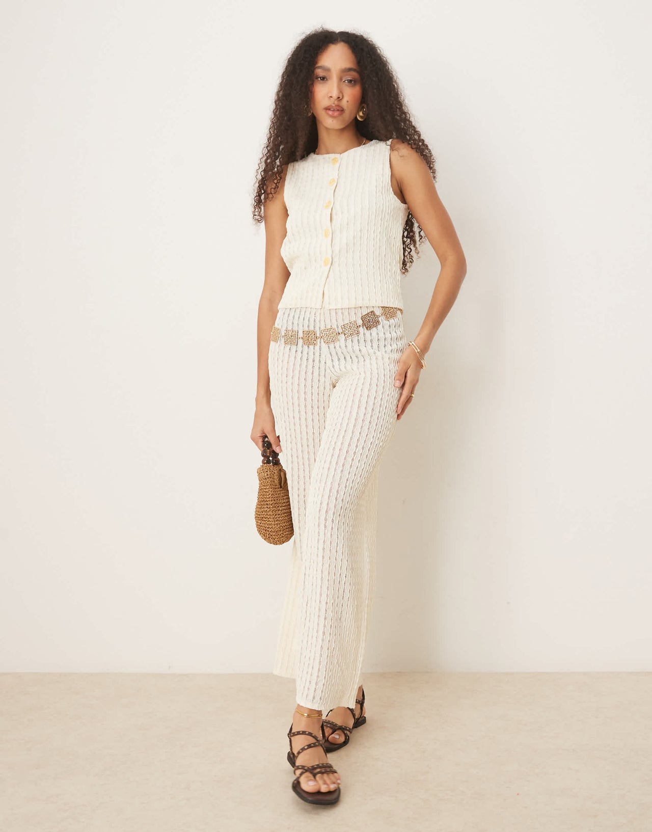 ASOS DESIGN co-ord textured semi sheer crochet waistcoat top in cream