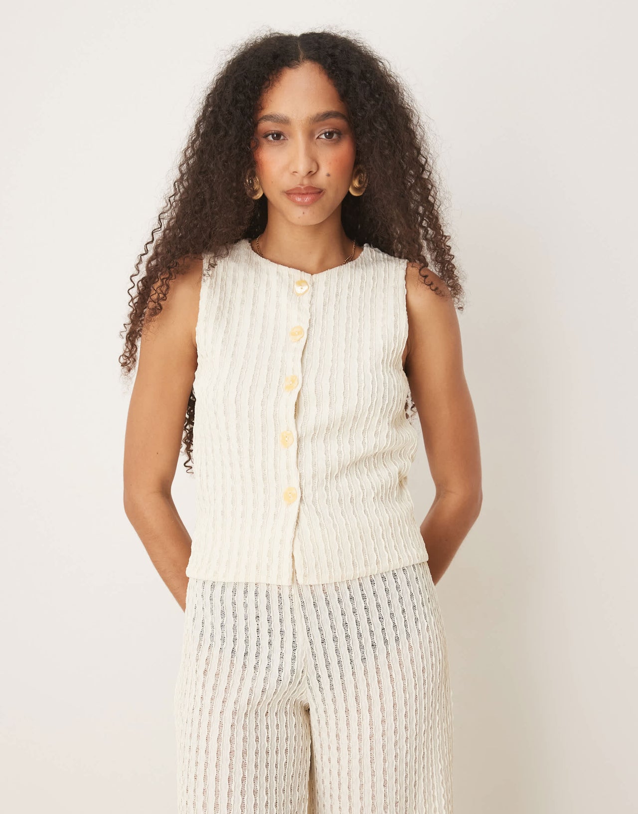 ASOS DESIGN co-ord textured semi sheer crochet waistcoat top in cream