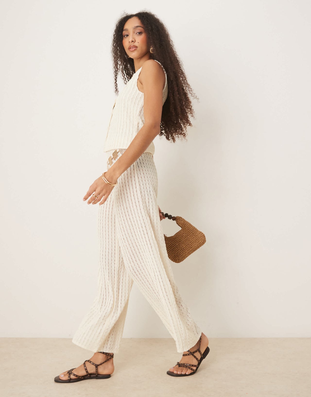ASOS DESIGN semi sheer co-ord textured crochet wide leg trouser in cream