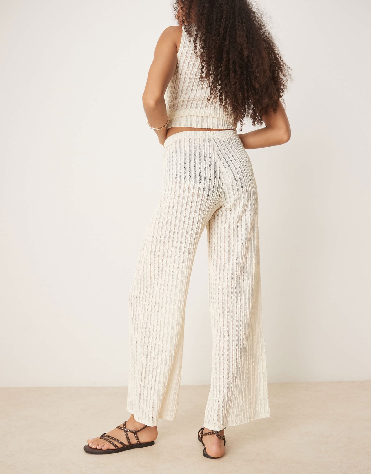 ASOS DESIGN semi sheer co-ord textured crochet wide leg trouser in cream