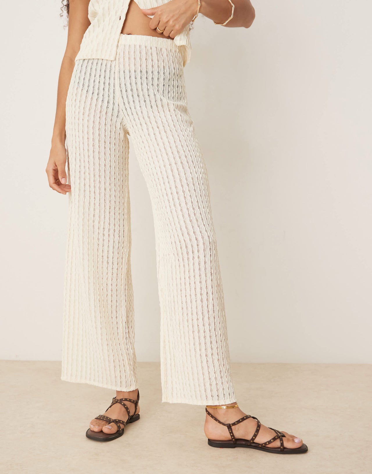 ASOS DESIGN semi sheer co-ord textured crochet wide leg trouser in cream