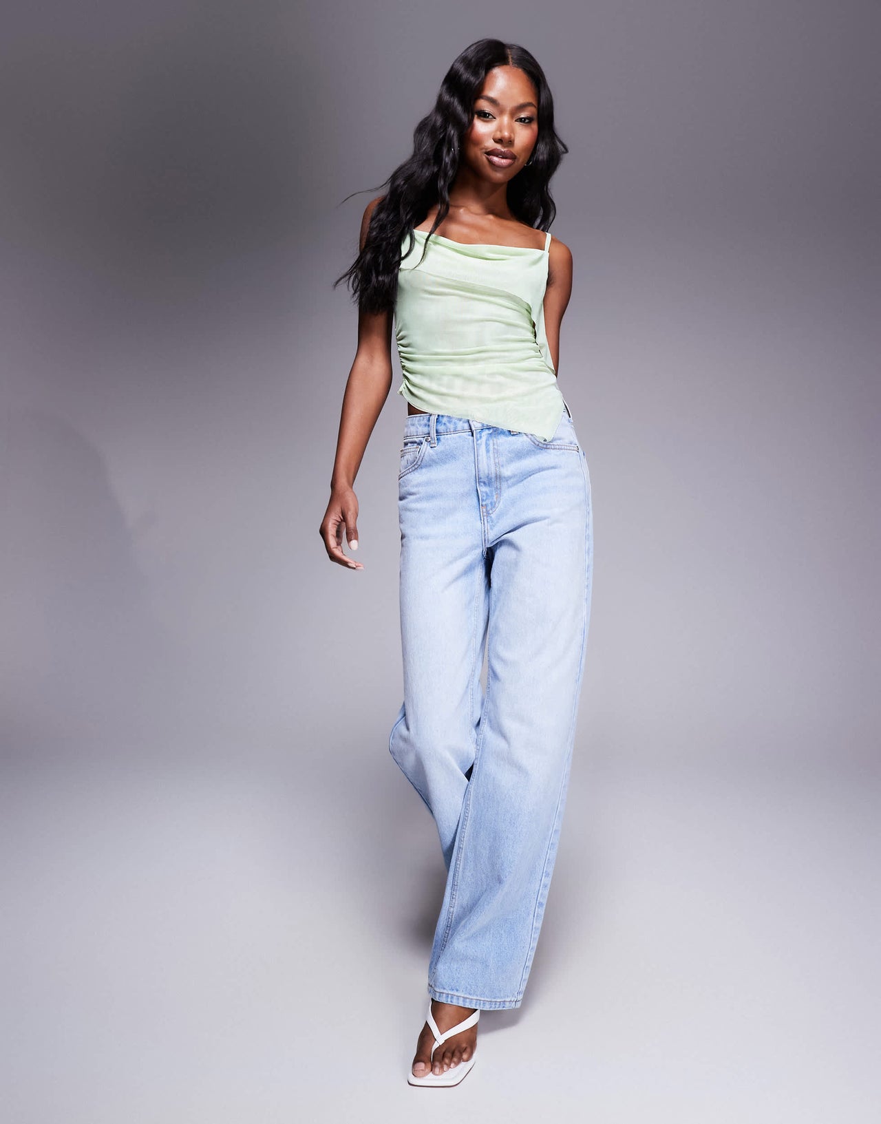ASOS DESIGN floaty sheer mesh cowl front cami top in pastel green