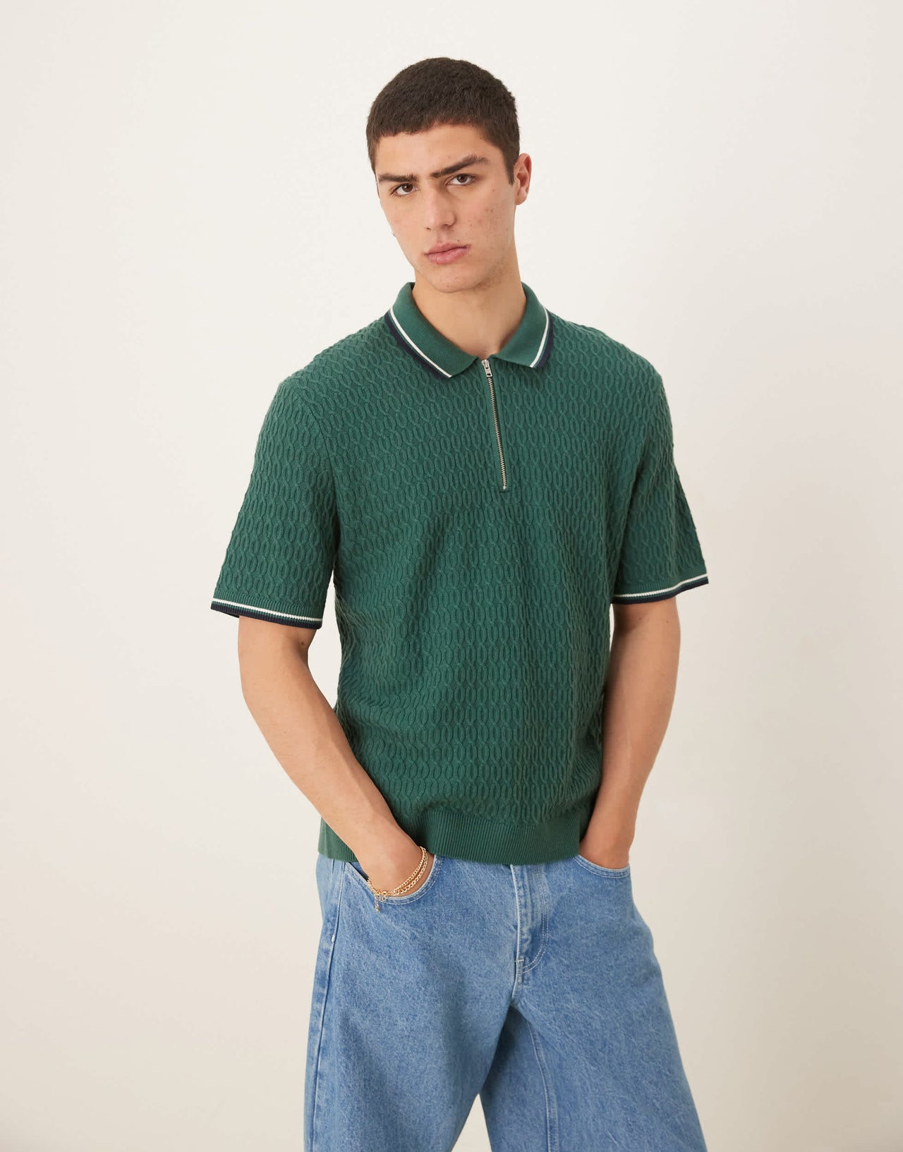 Abercrombie & Fitch knitted half zip polo top with contrast binding in green