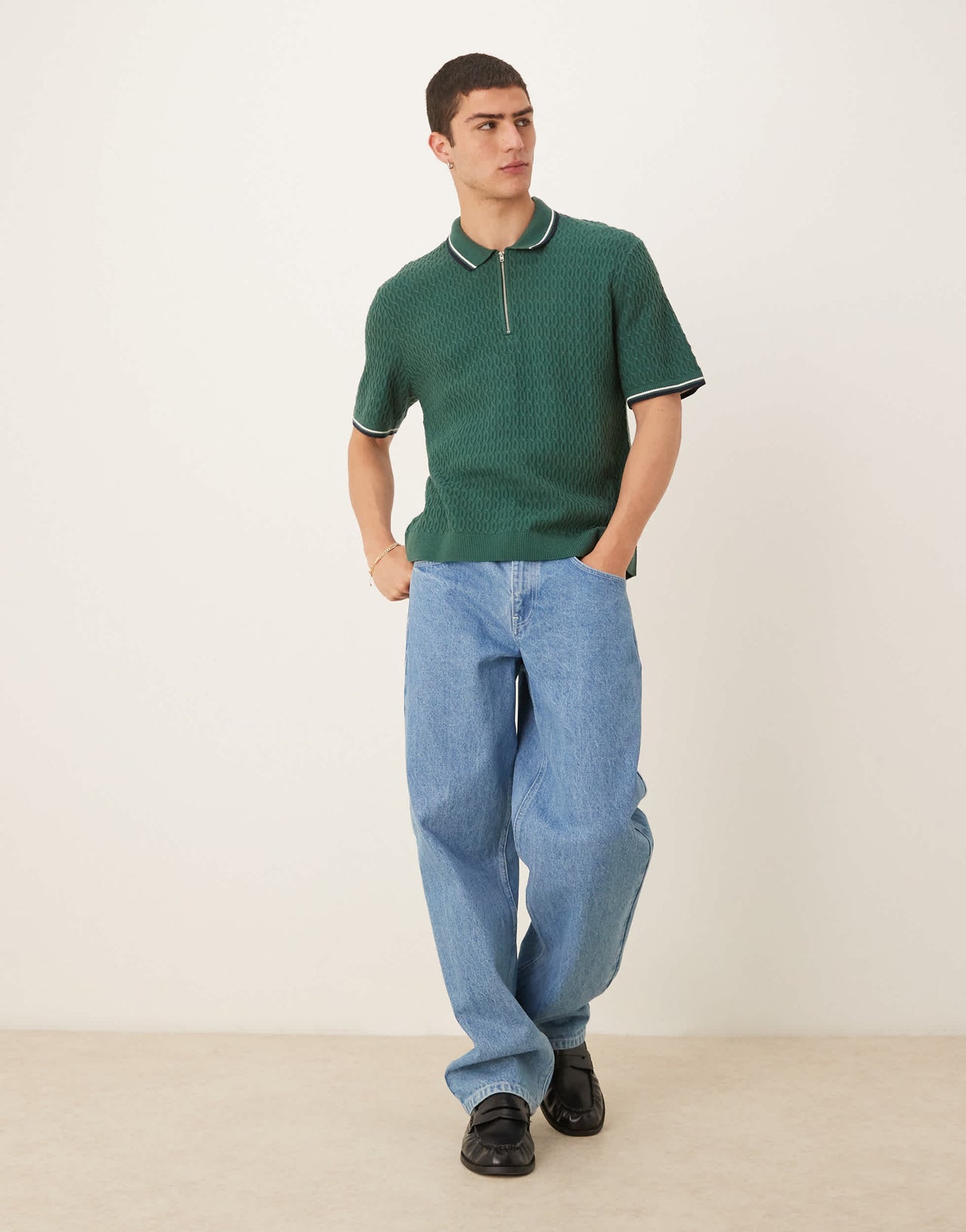 Abercrombie & Fitch knitted half zip polo top with contrast binding in green