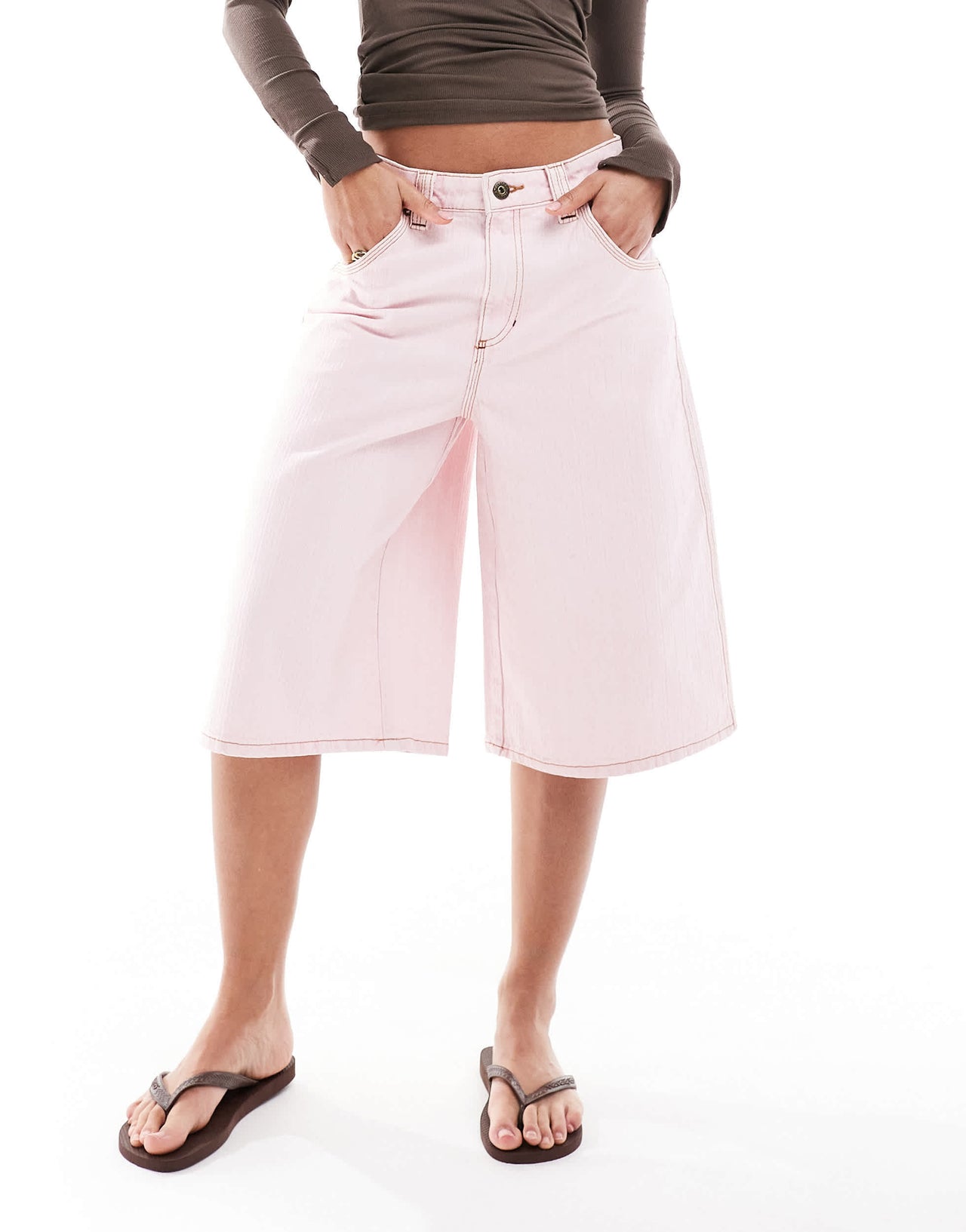 Bershka  longline jorts in pink pinstripe
