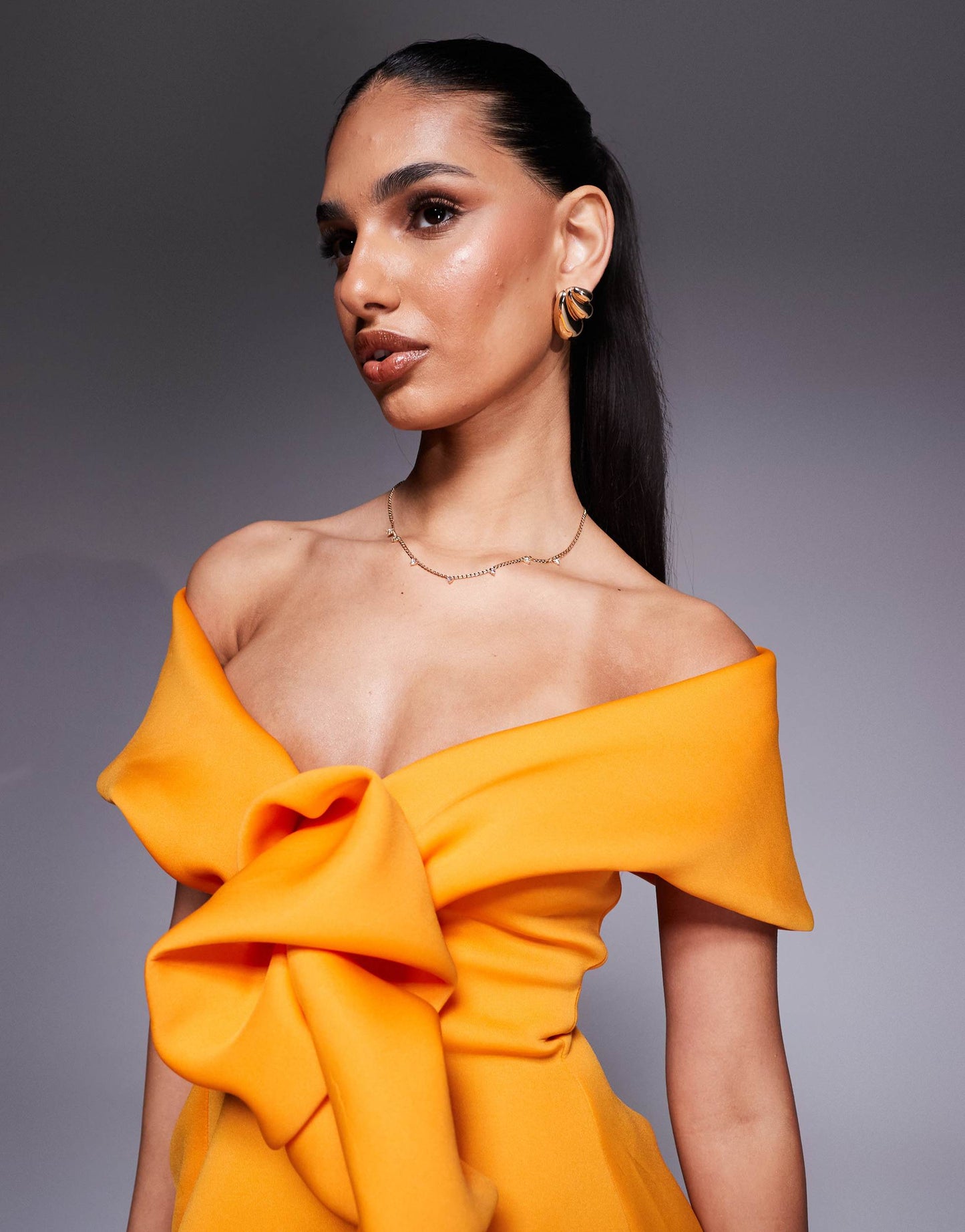 ASOS DESIGN just off shoulder  mini dress with manipulated front detailing and a-line skirt in orange in scuba-style fabric