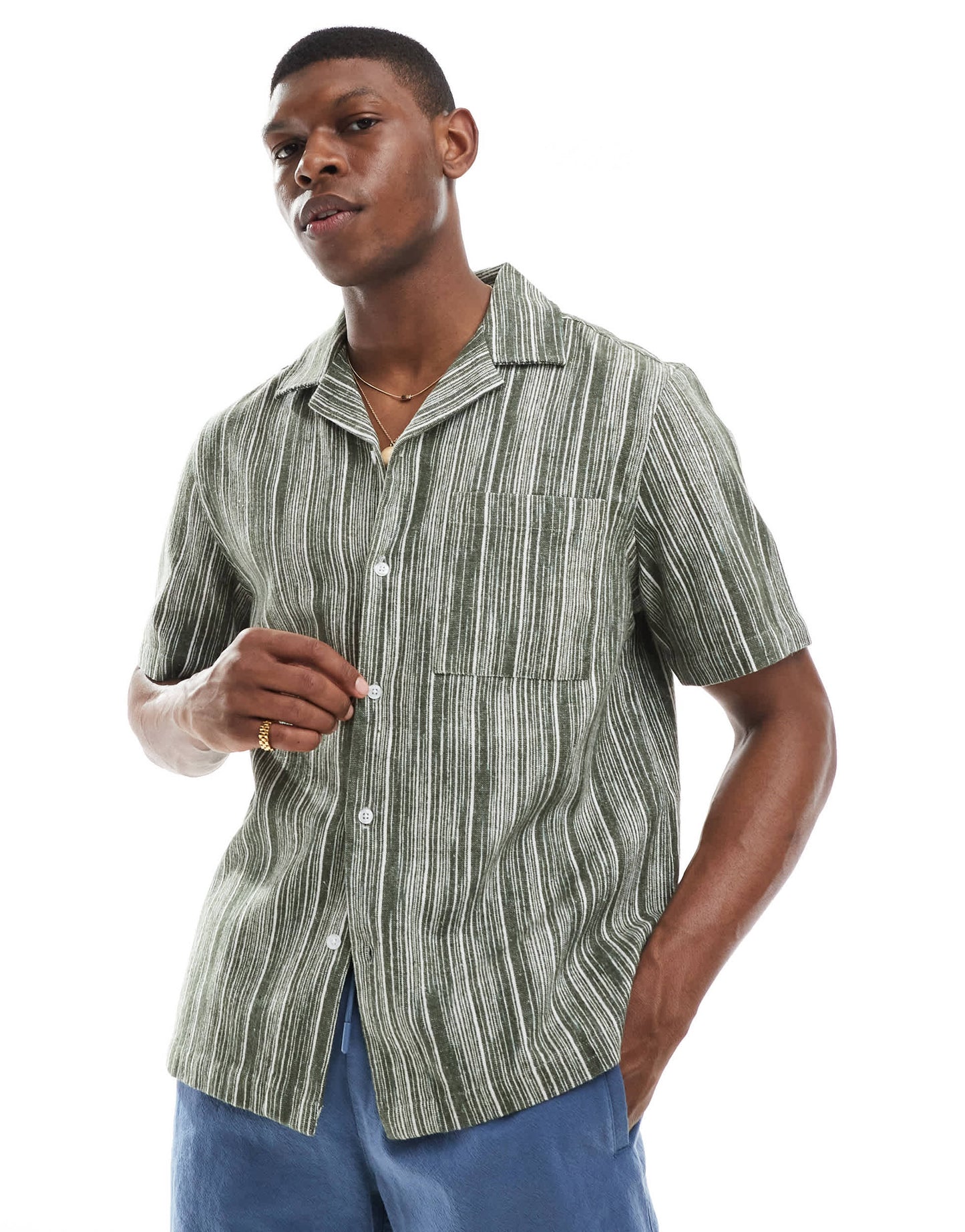 New Look textured stripe short sleeve shirt in green