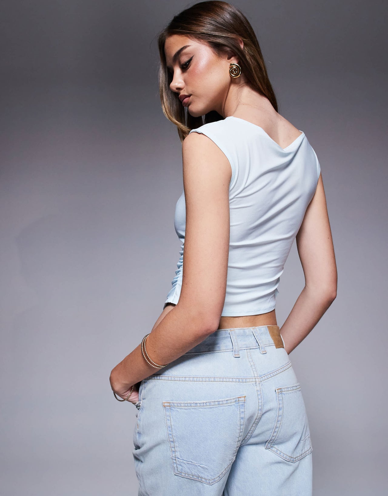 ASOS DESIGN slash neck cap sleeve ruched side top in pastel blue