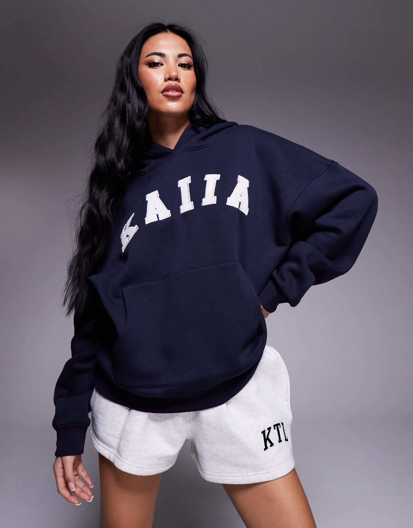 Kaiia cotton blend embroidered logo oversized hoodie in navy