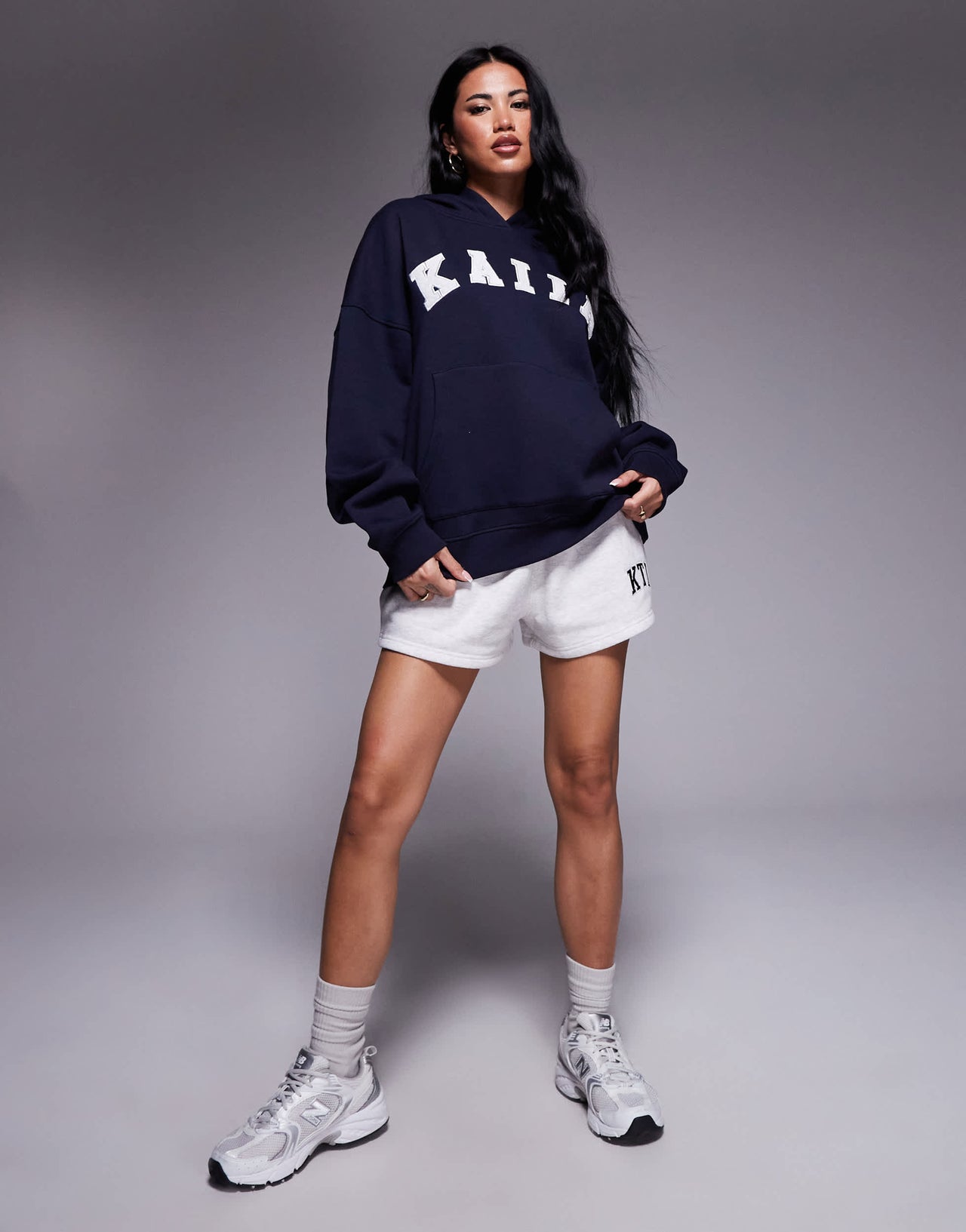 Kaiia cotton blend embroidered logo oversized hoodie in navy