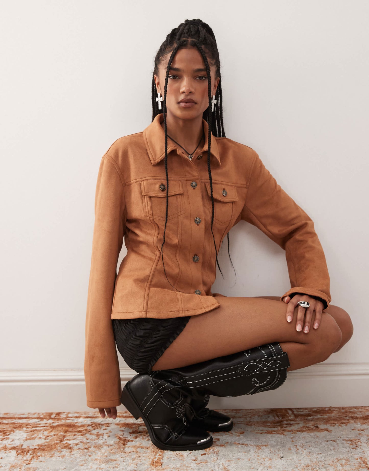 Lioness Rider faux suede cinch waist detail jacket in tan