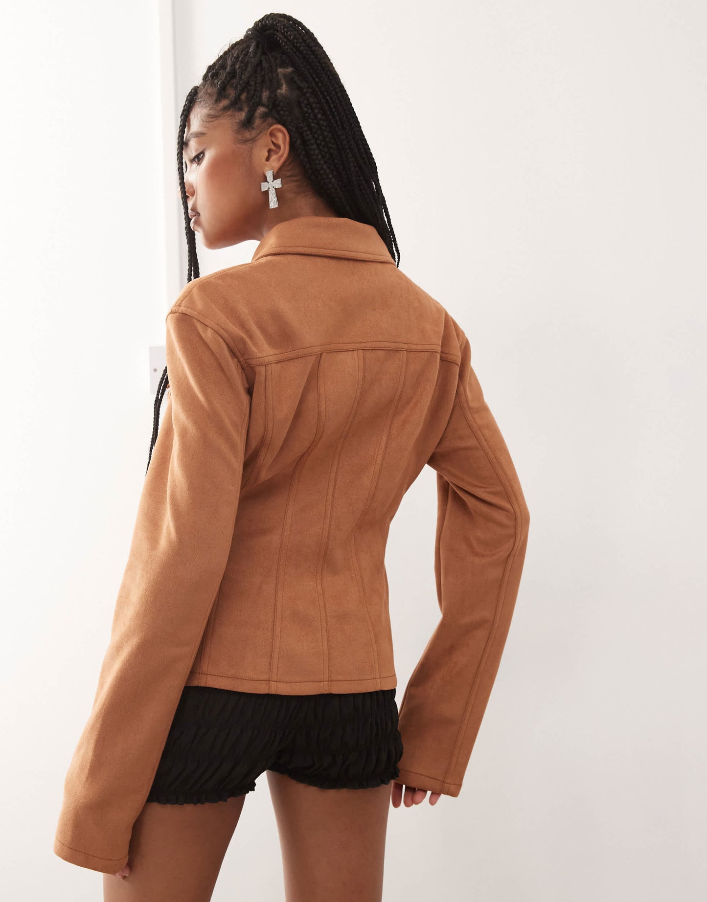 Lioness Rider faux suede cinch waist detail jacket in tan