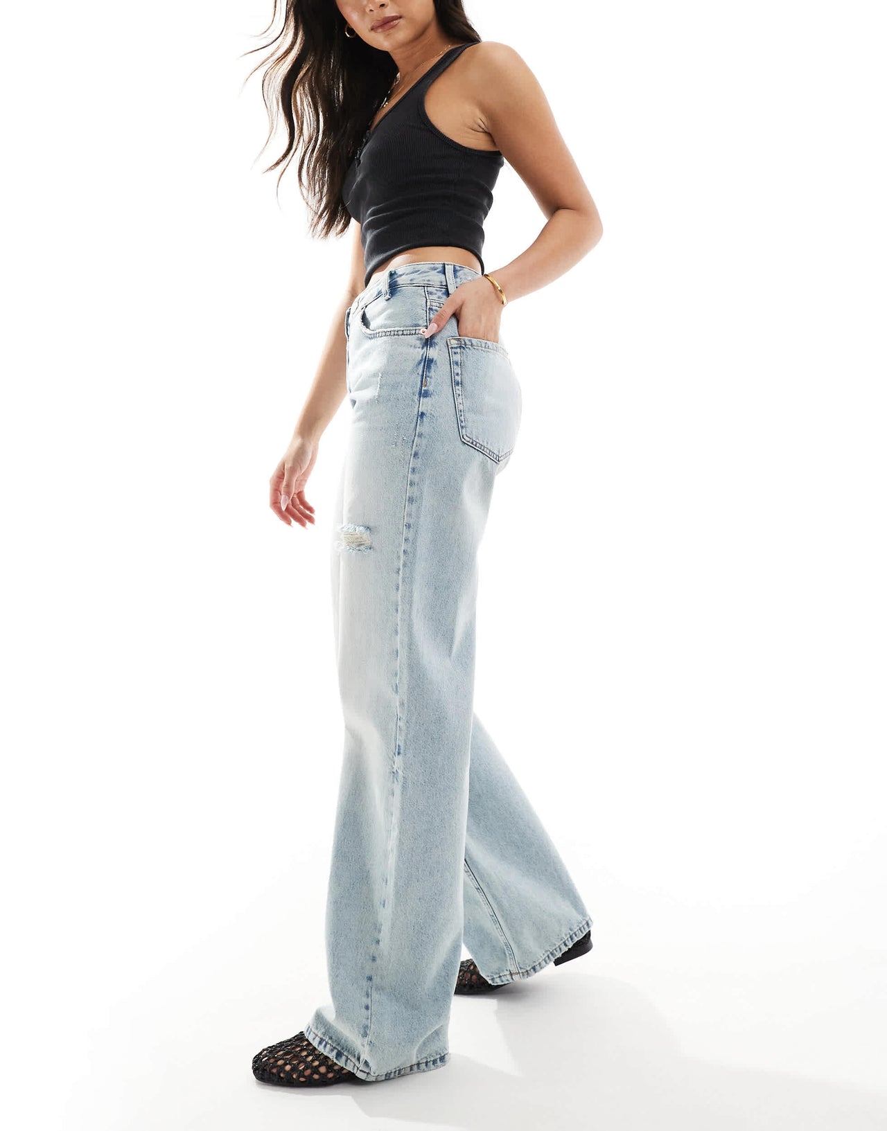 Stradivarius twist waist jean in  medium wash blue