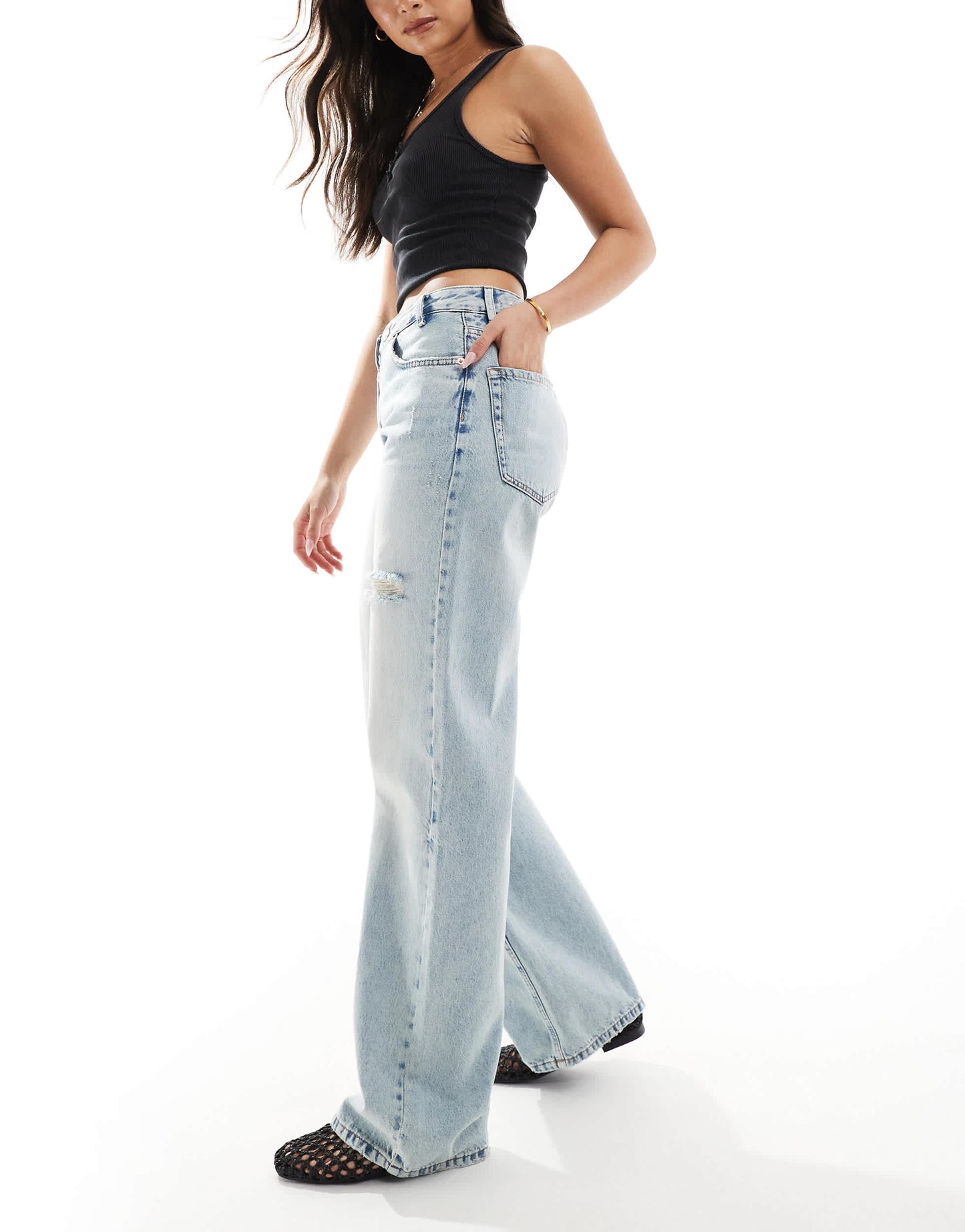 Stradivarius twist waist jean in  medium wash blue