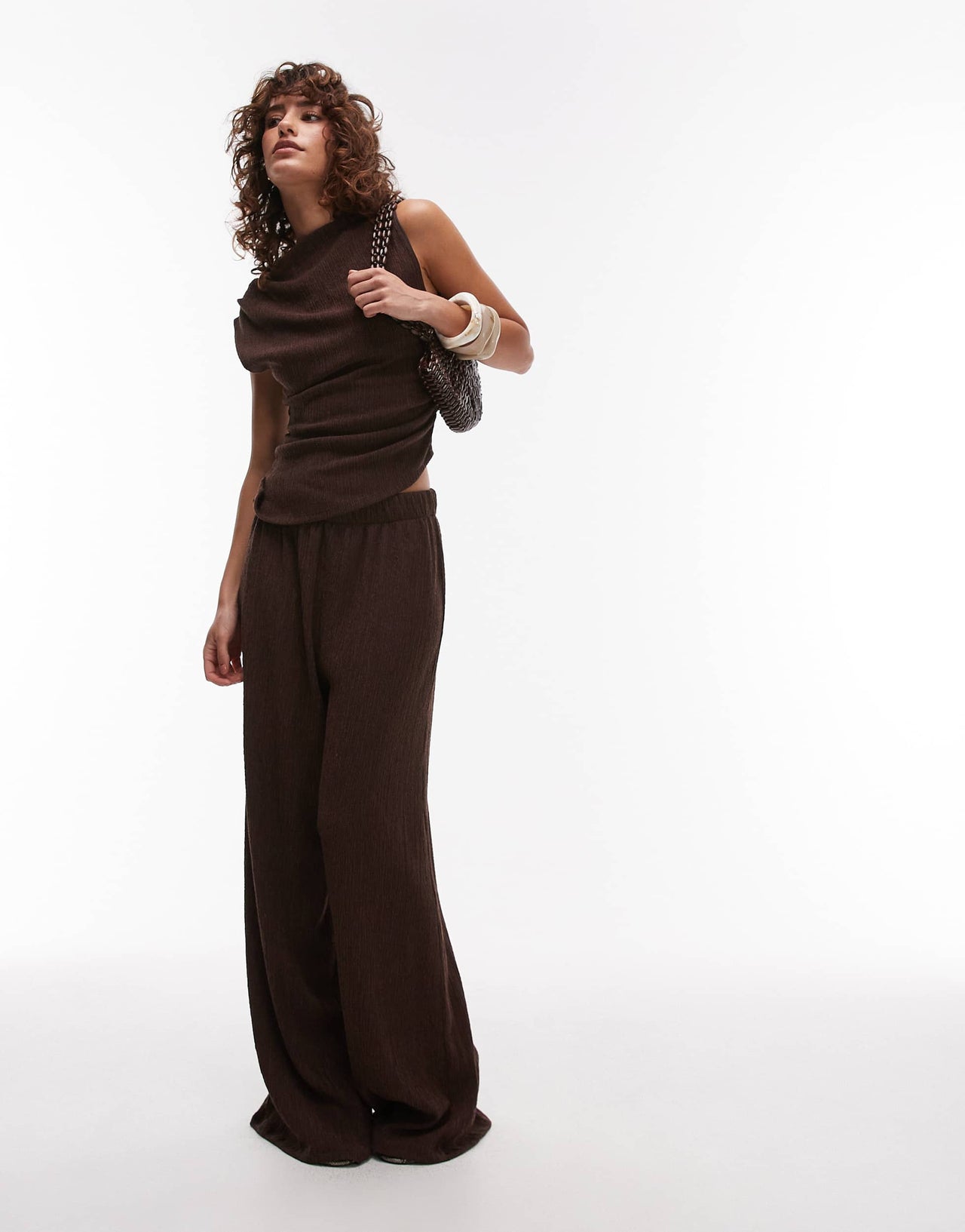 Topshop textured asymmetric ruched tank co-ord in chocolate brown