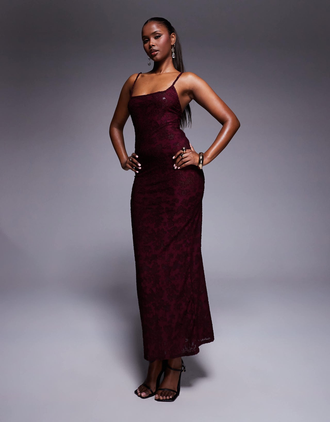 ASOS DESIGN cami square neckline sheer devore midi dress in wine
