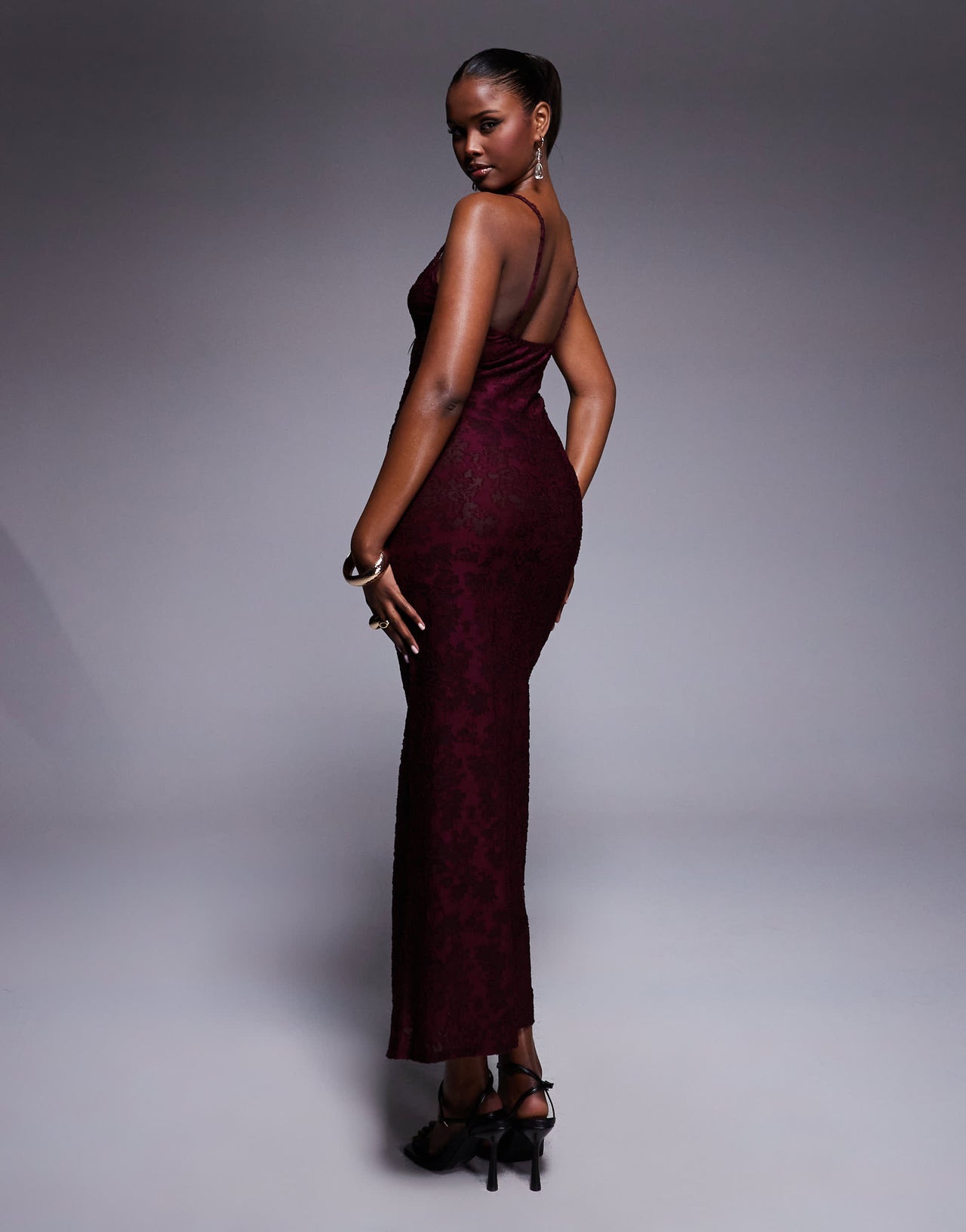 ASOS DESIGN cami square neckline sheer devore midi dress in wine