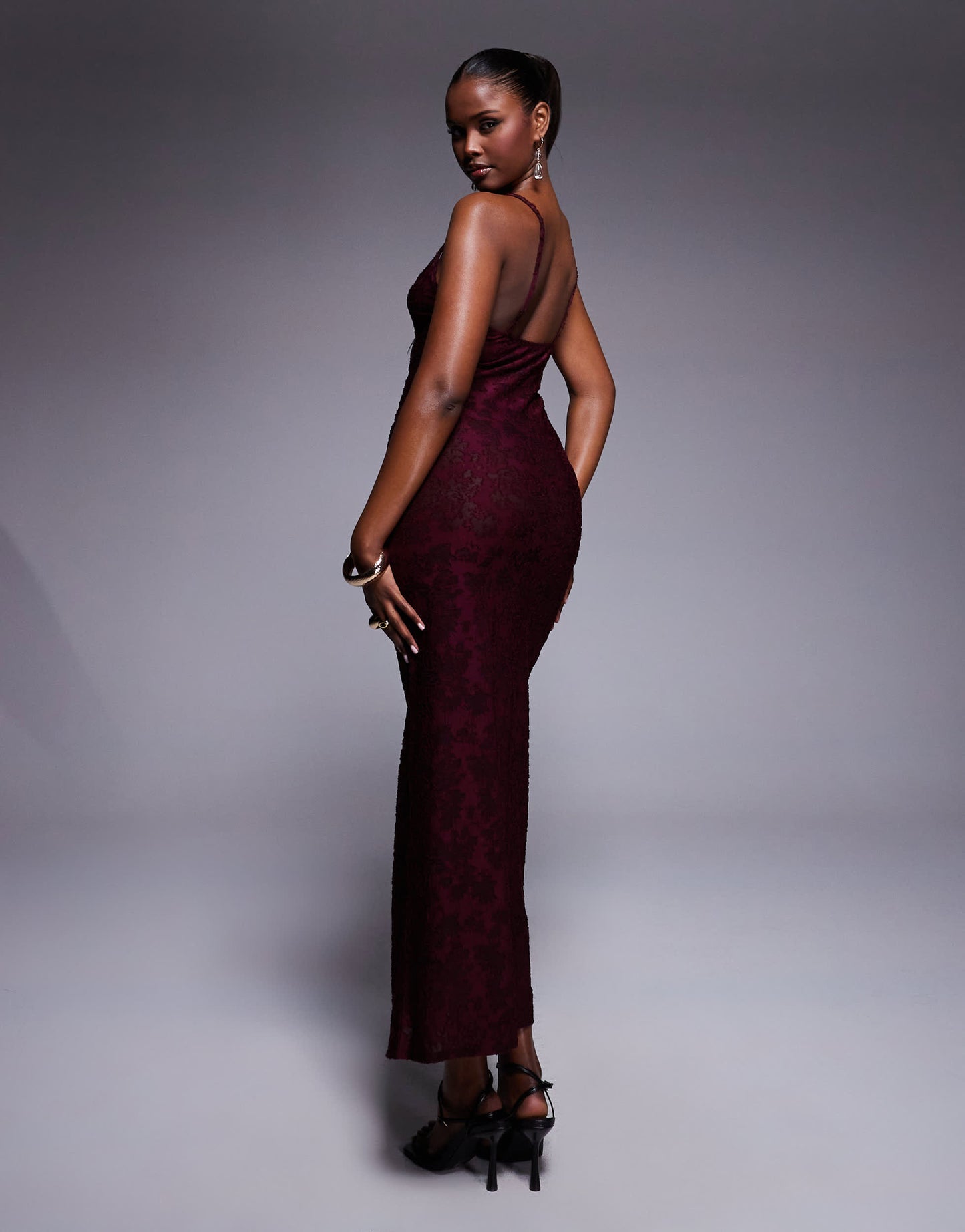 ASOS DESIGN cami square neckline sheer devore midi dress in wine