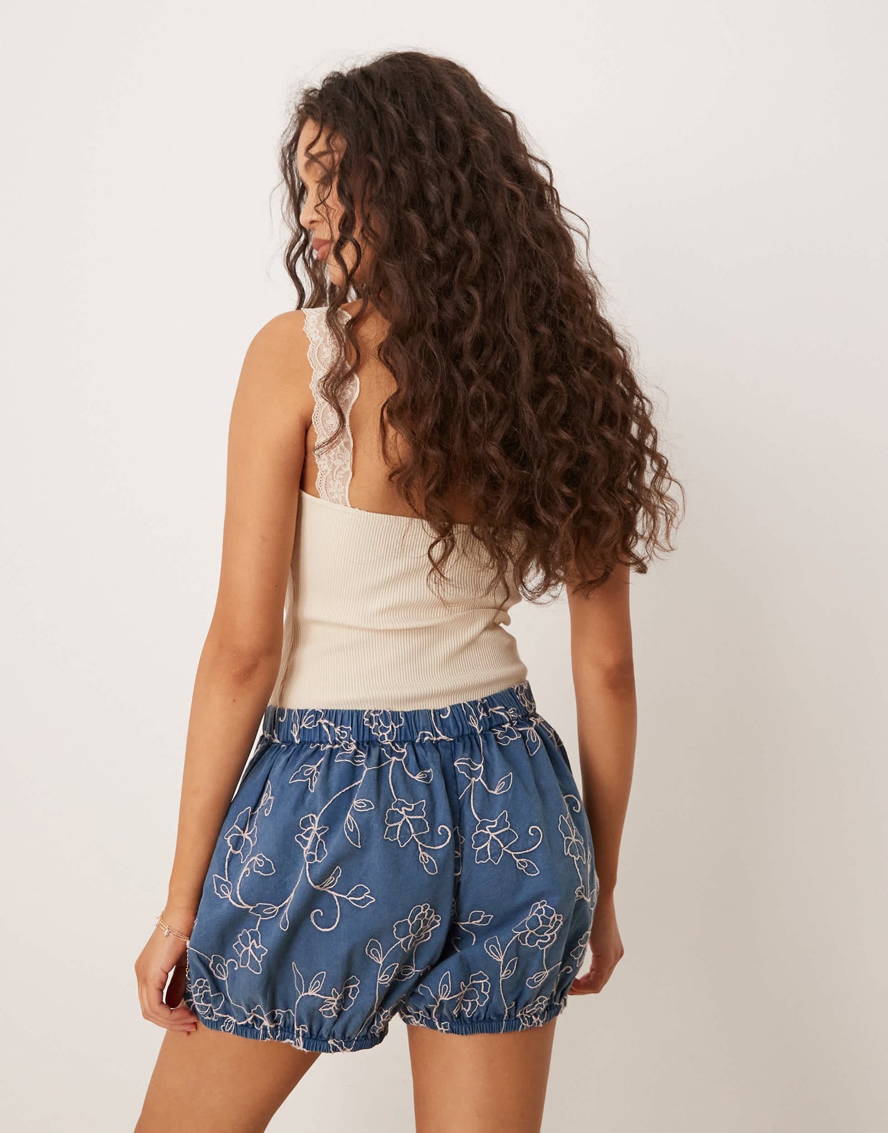 ASOS DESIGN bloomer shorts with floral embroidery in washed navy