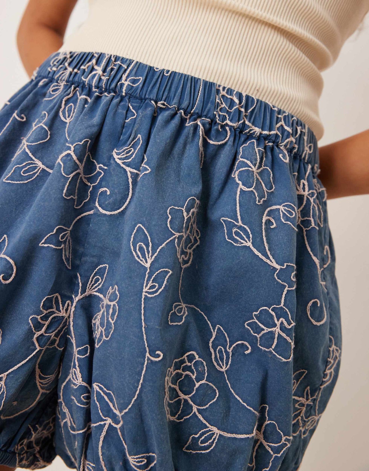 ASOS DESIGN bloomer shorts with floral embroidery in washed navy