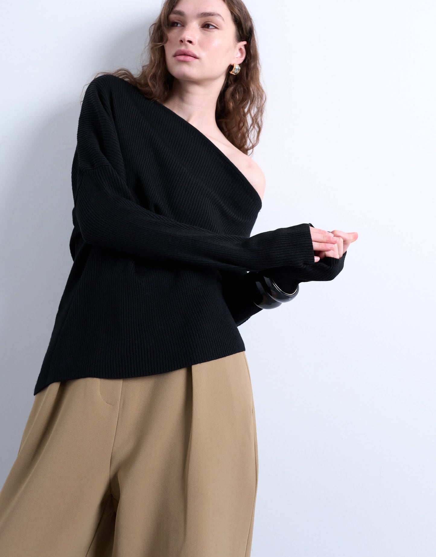 Topshop off the shoulder knitted top in black