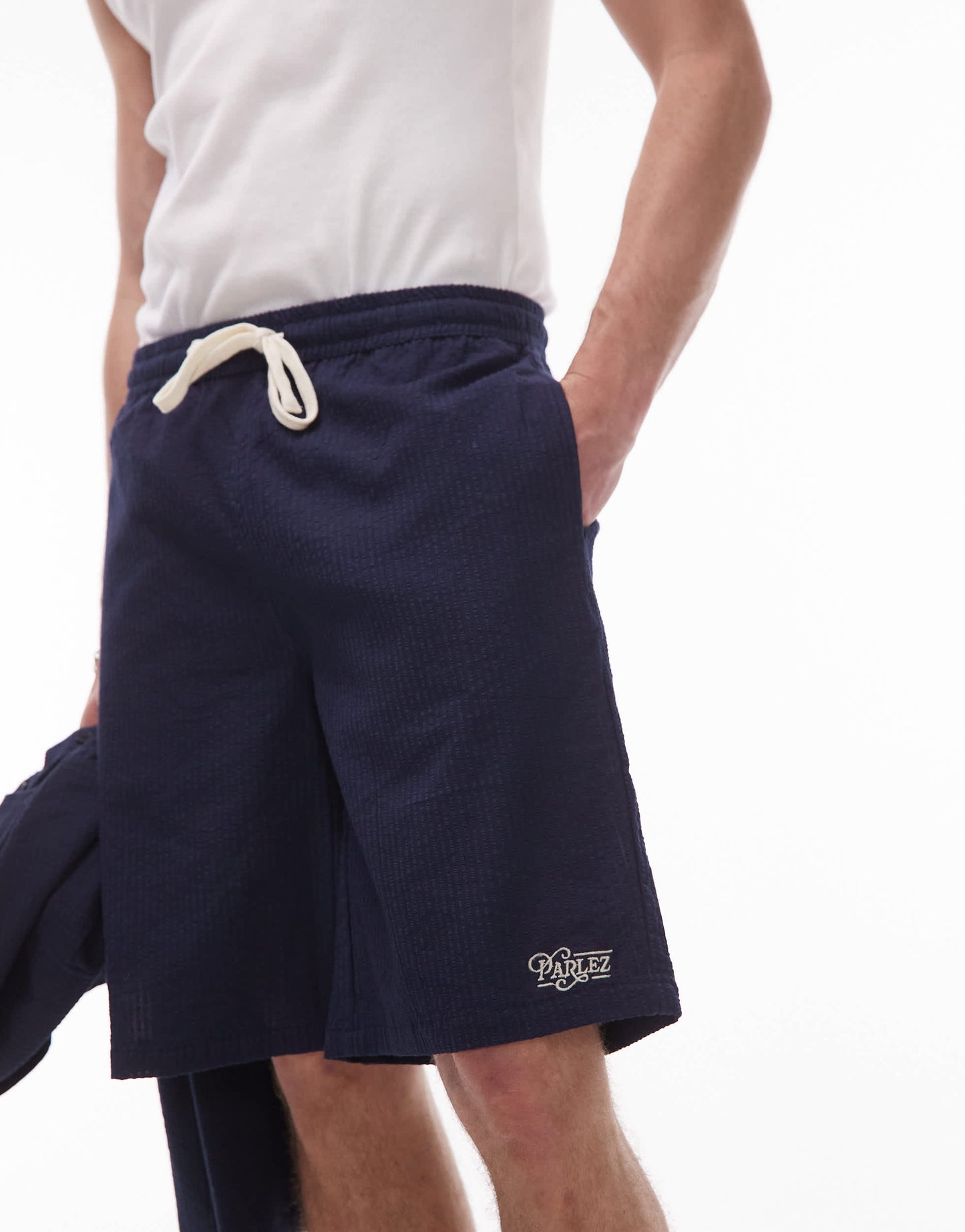 Parlez bayview logo detail seer sucker short co-ord in navy