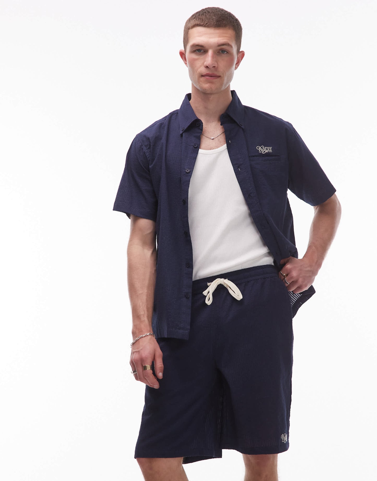 Parlez bayview logo detail seer sucker short co-ord in navy