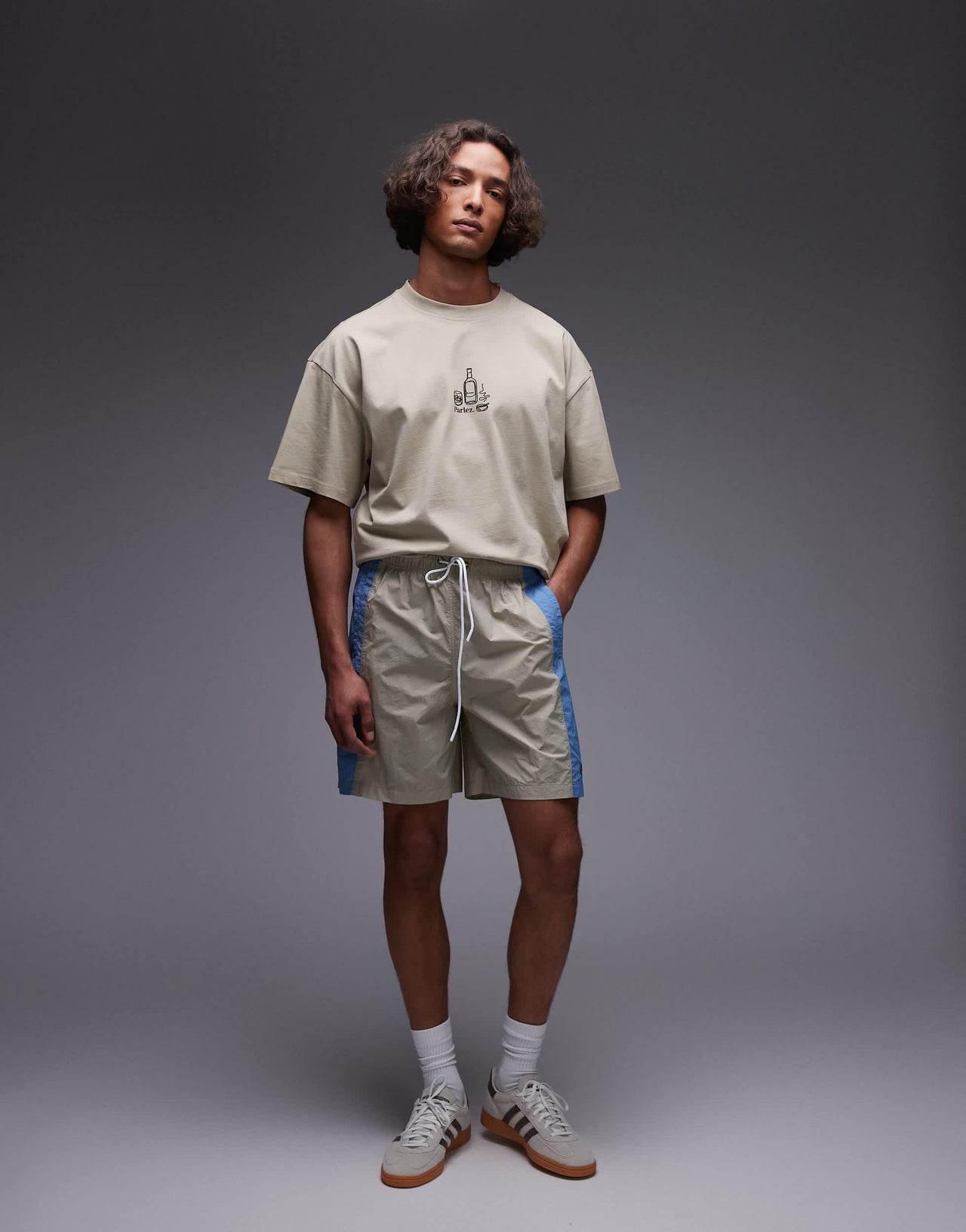Parlez copa contrast panel relaxed shorts in beige blue multi