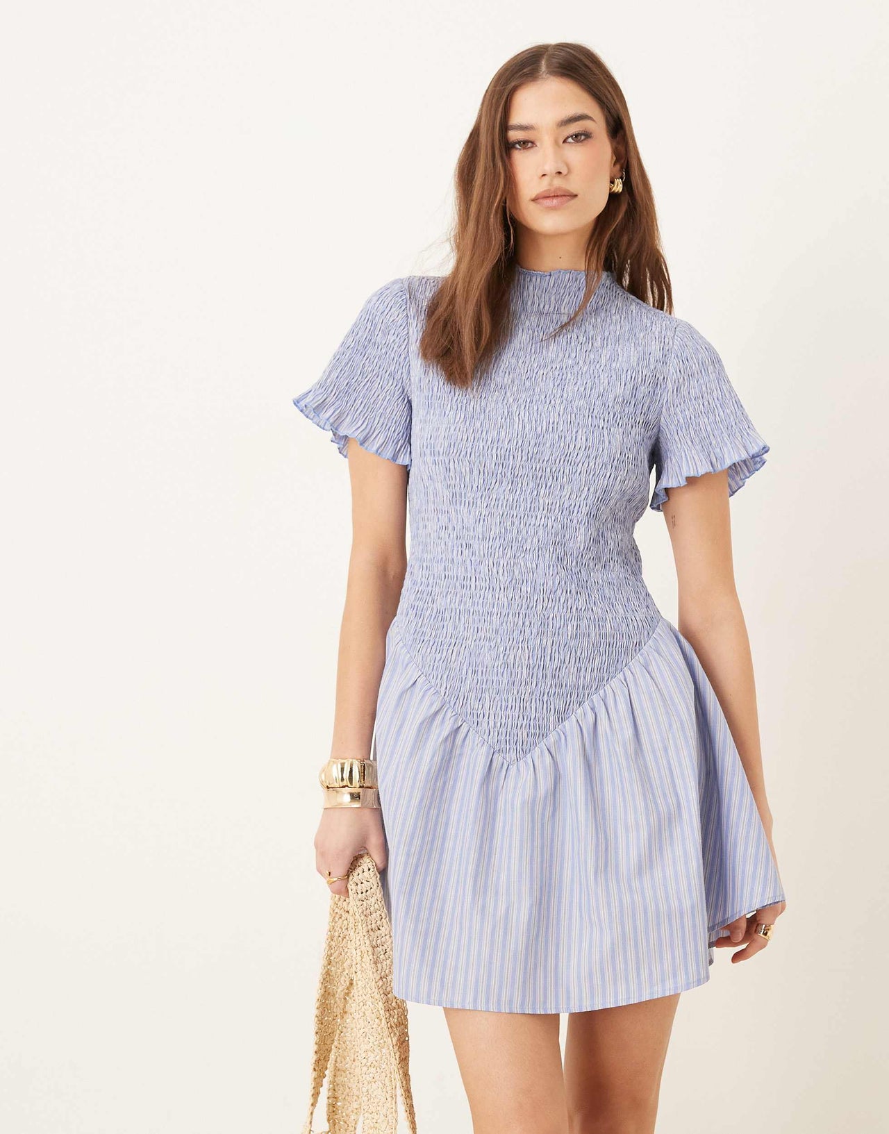 ASOS DESIGN shirred flutter sleeve mini dress in blue stripe