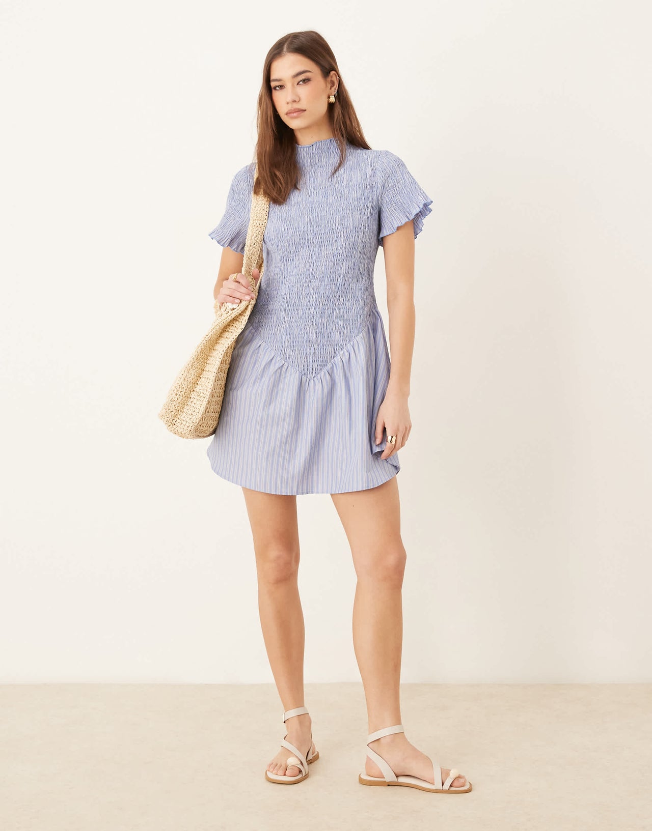 ASOS DESIGN shirred flutter sleeve mini dress in blue stripe
