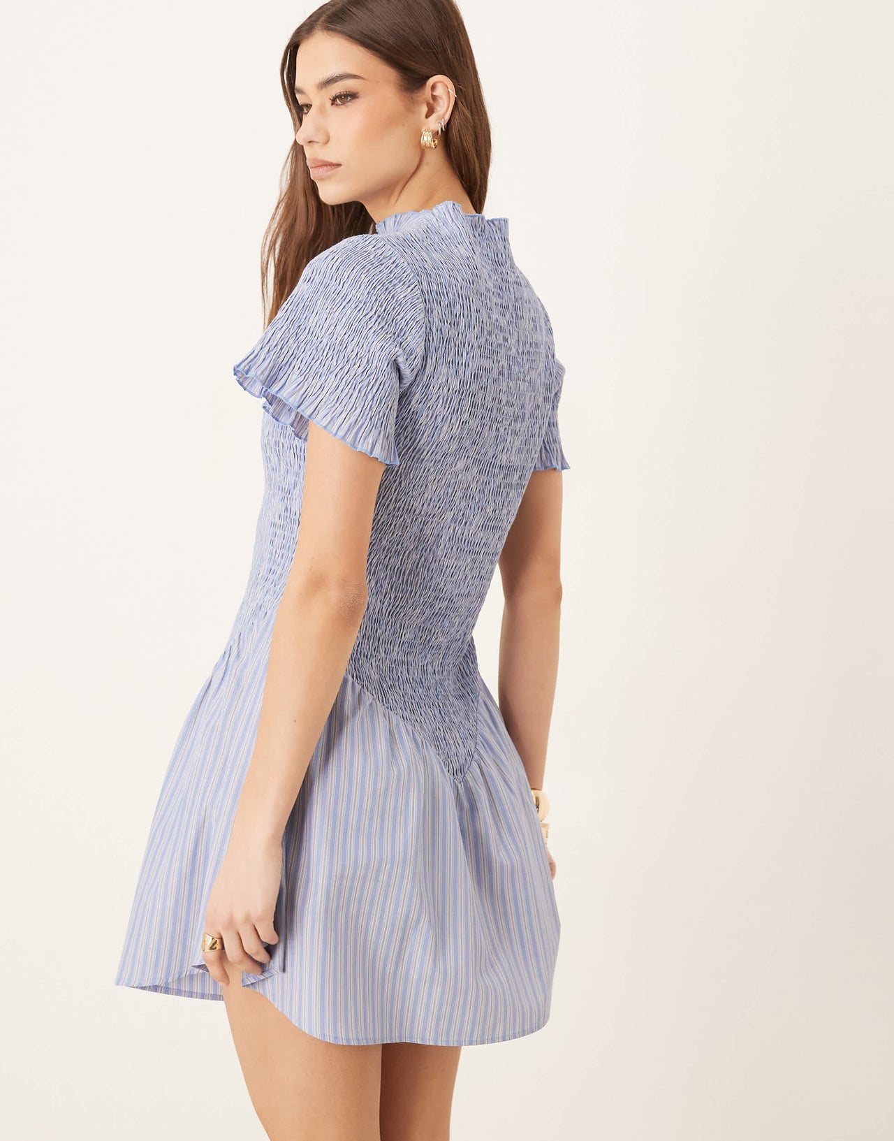 ASOS DESIGN shirred flutter sleeve mini dress in blue stripe