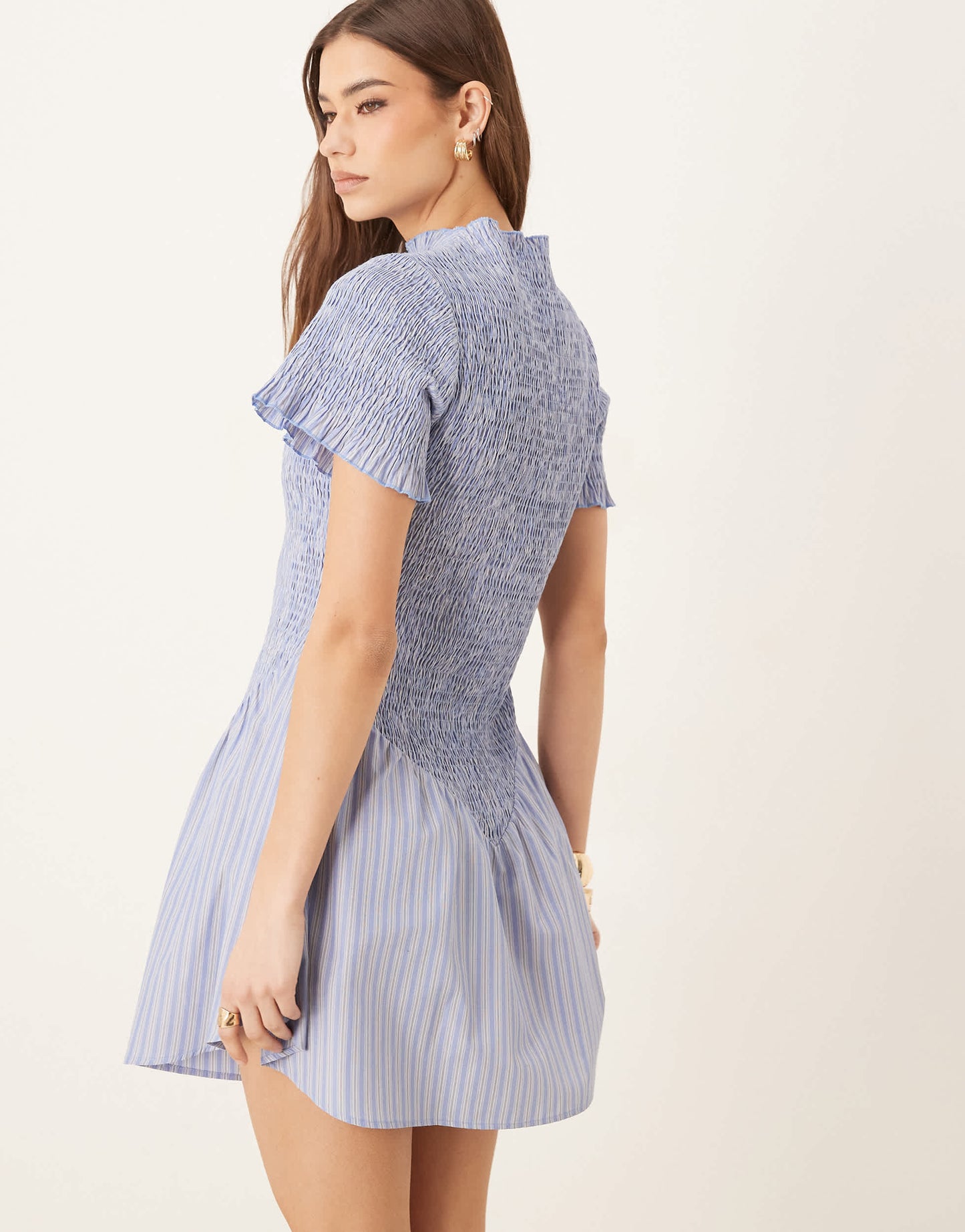 ASOS DESIGN shirred flutter sleeve mini dress in blue stripe