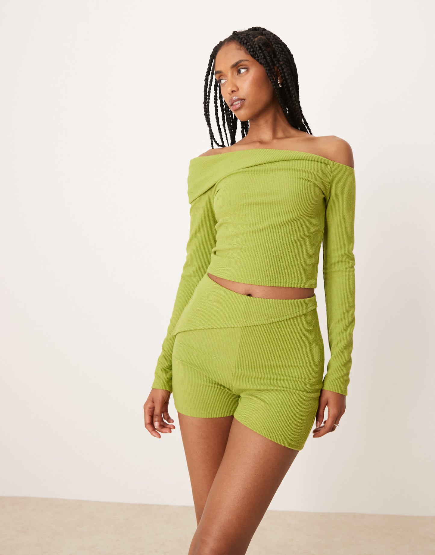 ASOS DESIGN co-ord asymmetric rib fold over short in green