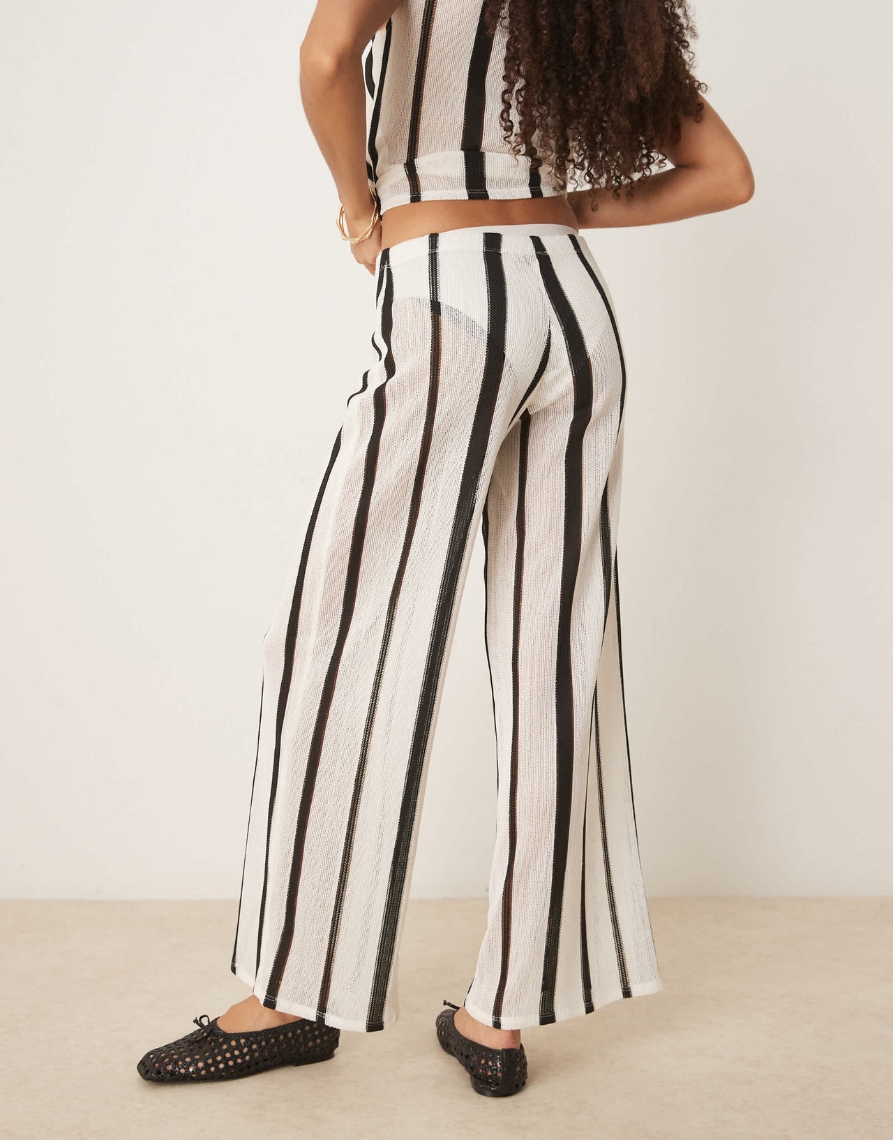 ASOS DESIGN co-ord textured crochet semi sheer wide leg trouser in black and white stripe