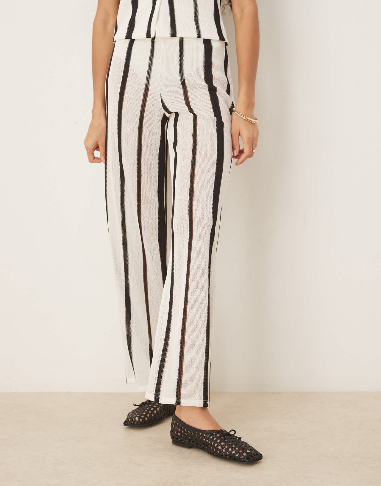 ASOS DESIGN co-ord textured crochet semi sheer wide leg trouser in black and white stripe