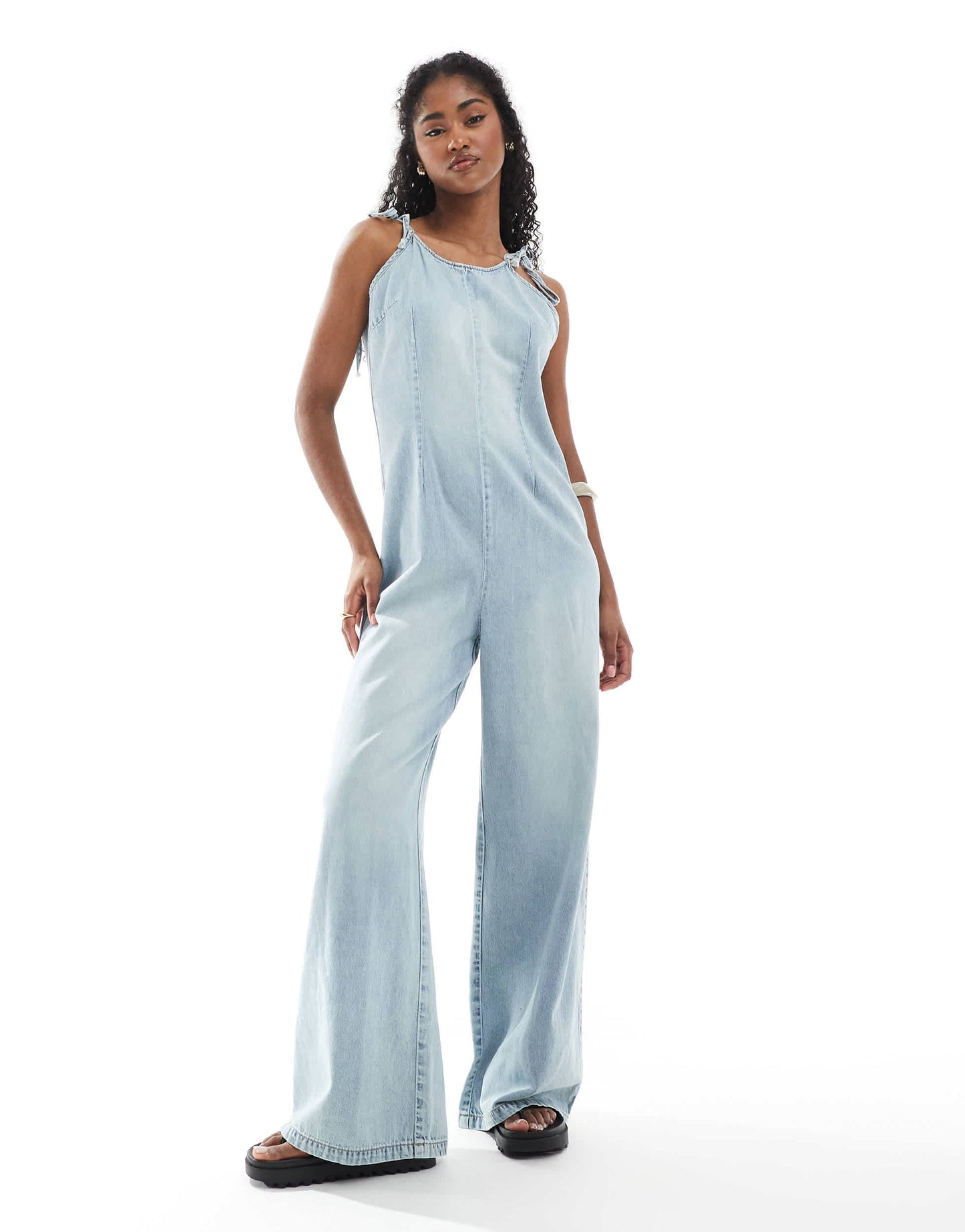 Monki lightweight denim halter neck jumpsuit in blue wash