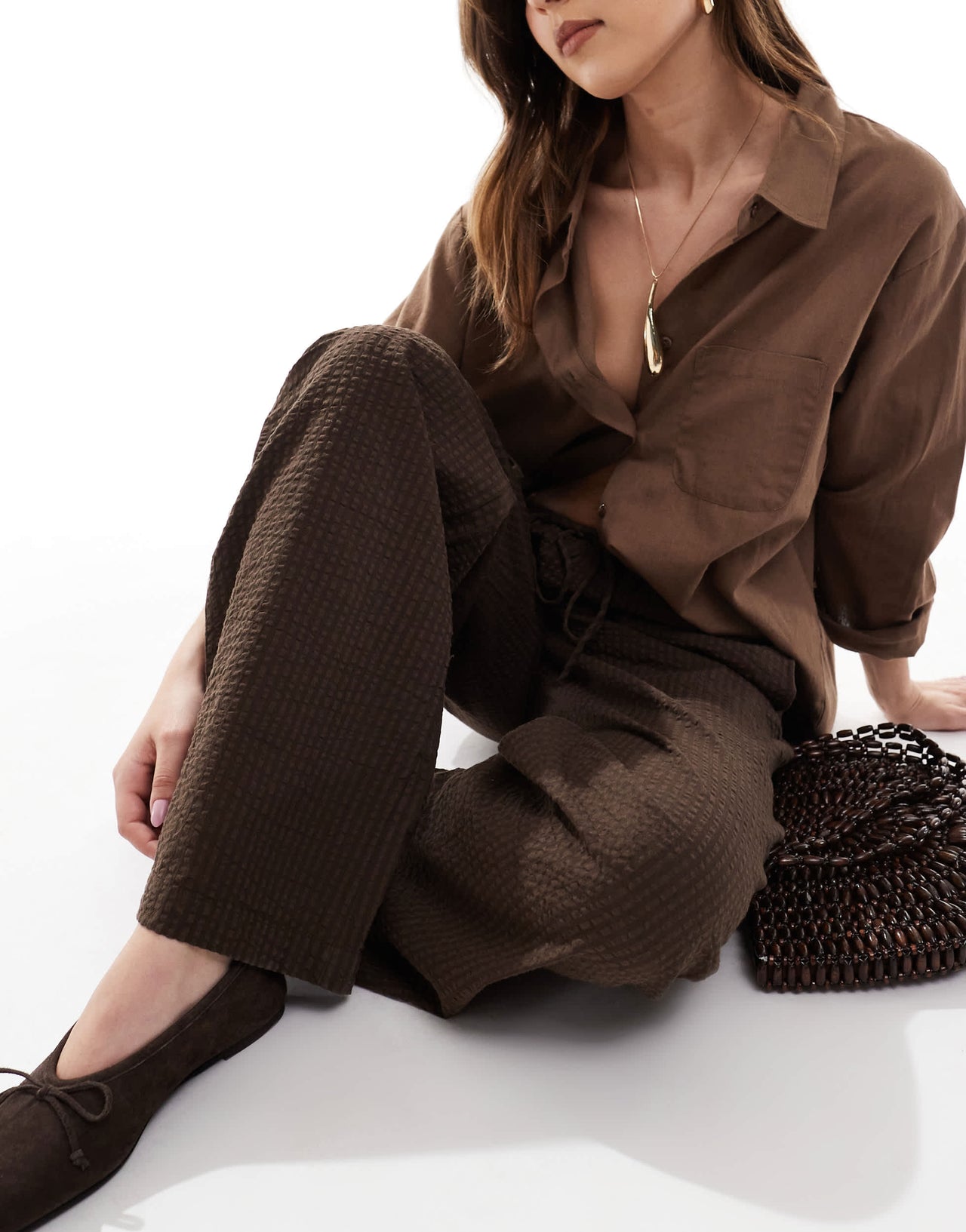 Monki wide leg drawstring seersucker trousers in brown