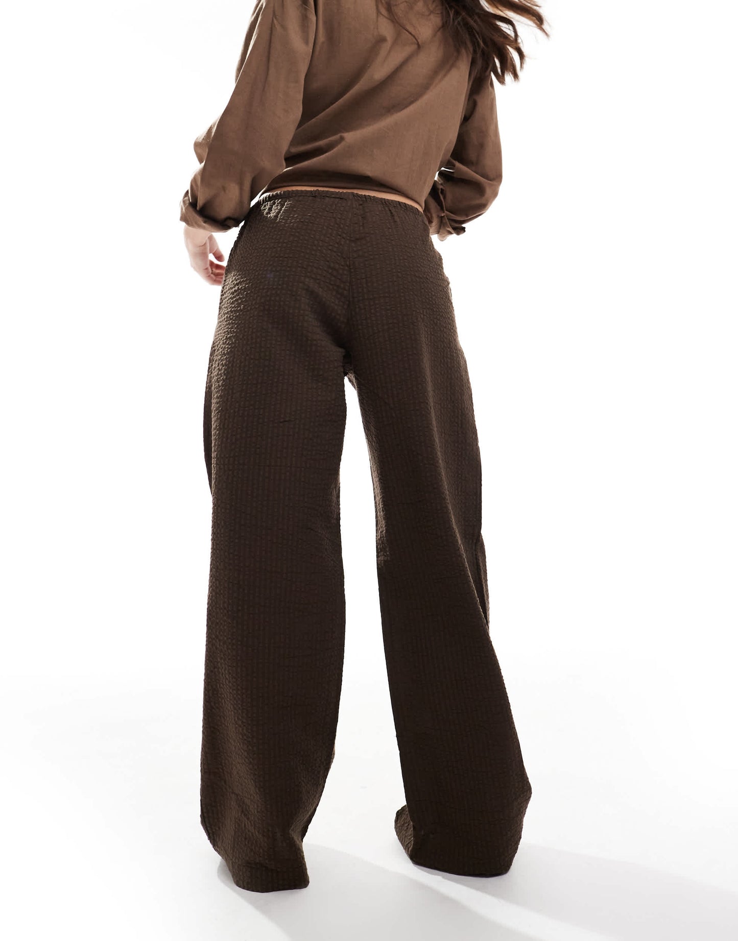 Monki wide leg drawstring seersucker trousers in brown