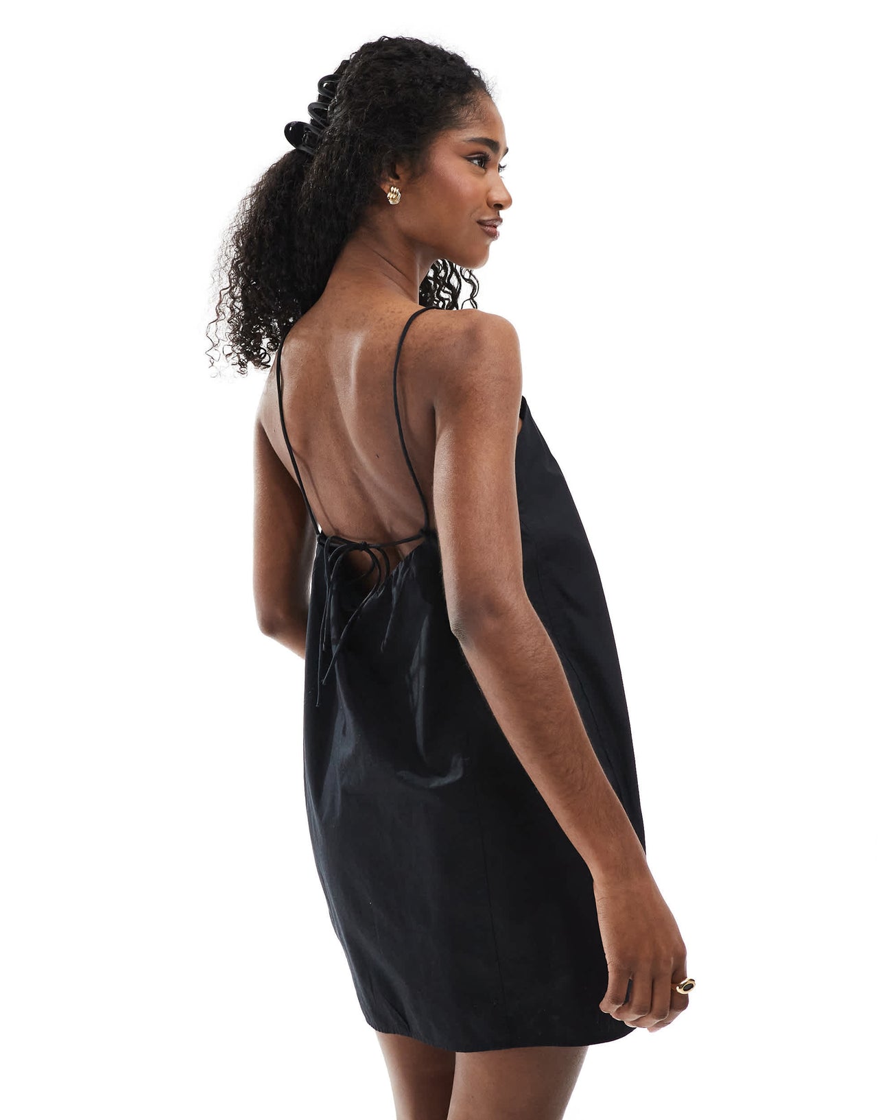 Monki cotton poplin mini dress with tie straps in black