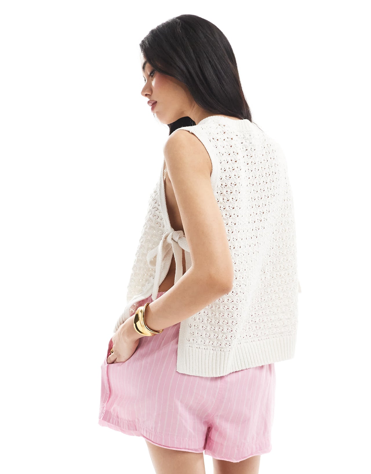 ASOS DESIGN crochet knit tabard vest with tie sides in ecru