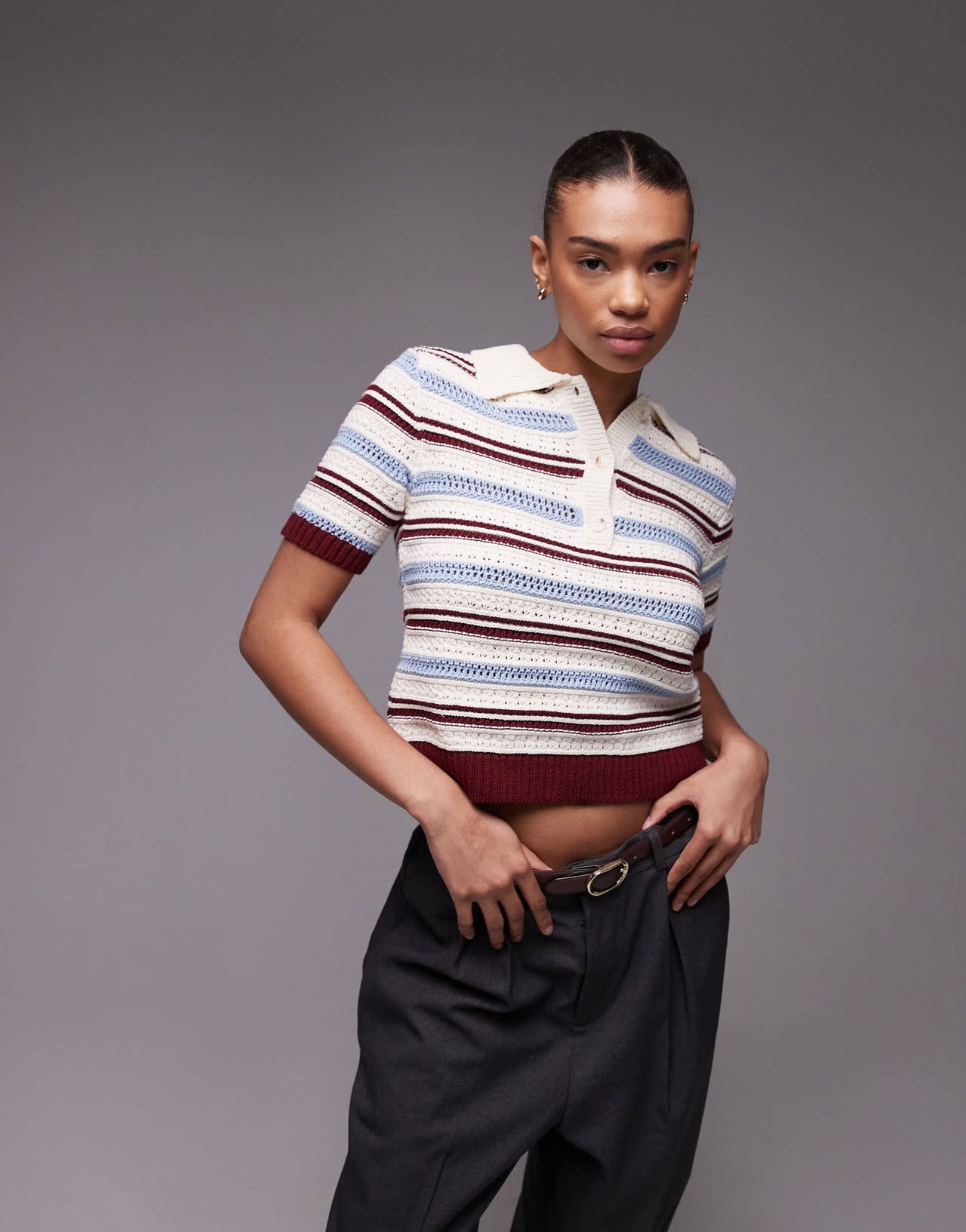 Topshop knitted crochet polo top in burgundy, blue and ecru stripe