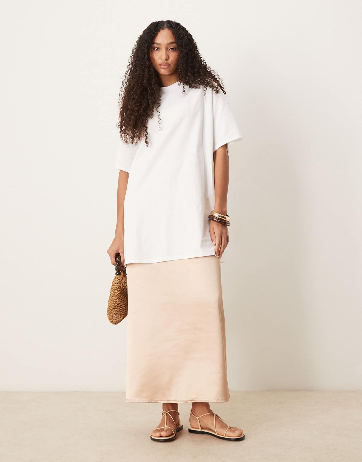 ASOS DESIGN satin cami midi dress with oversize T-shirt overlay in white