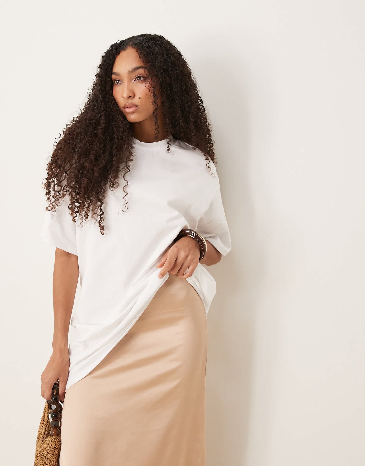 ASOS DESIGN satin cami midi dress with oversize T-shirt overlay in white