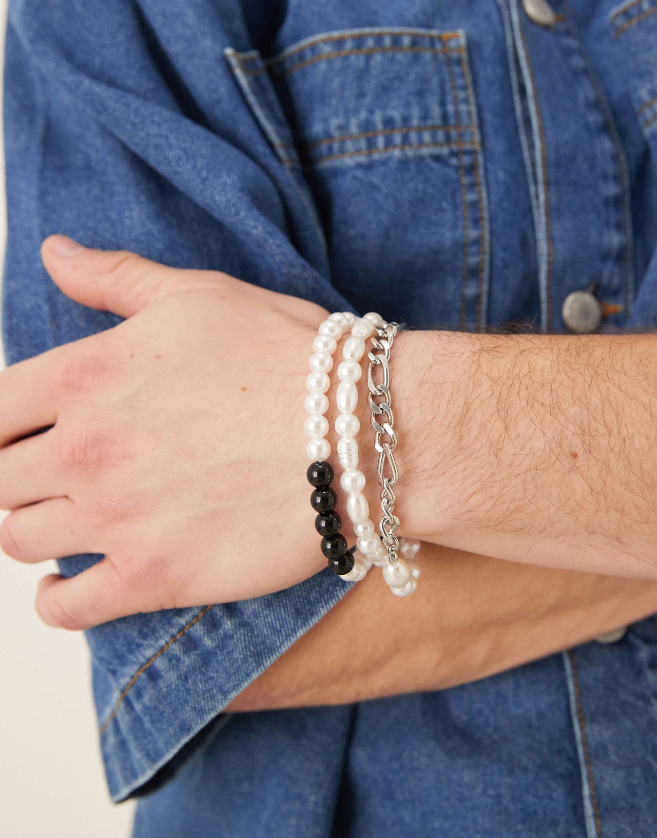 ASOS DESIGN festival mixed chain and beaded 3 pack bracelet in silver