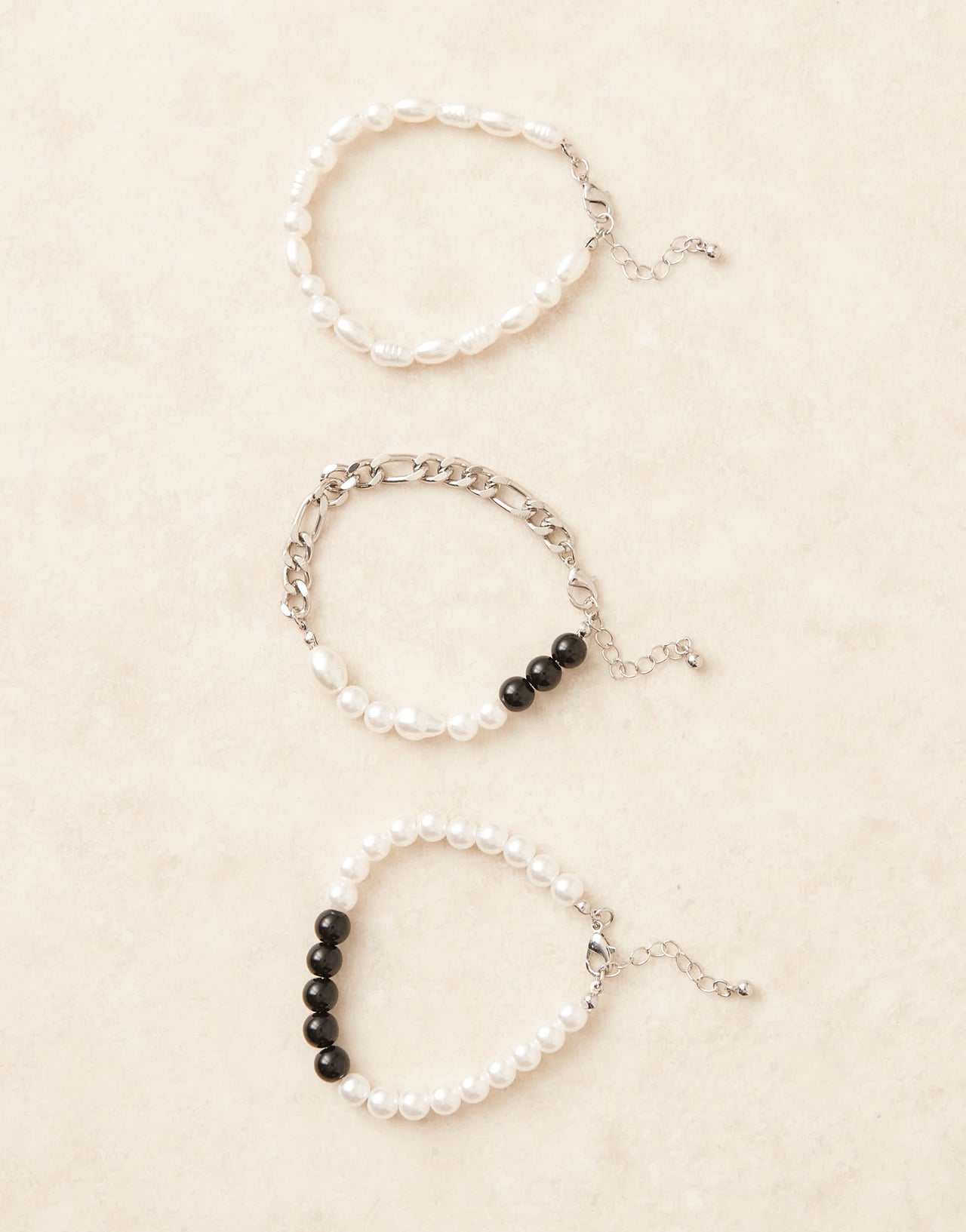 ASOS DESIGN festival mixed chain and beaded 3 pack bracelet in silver