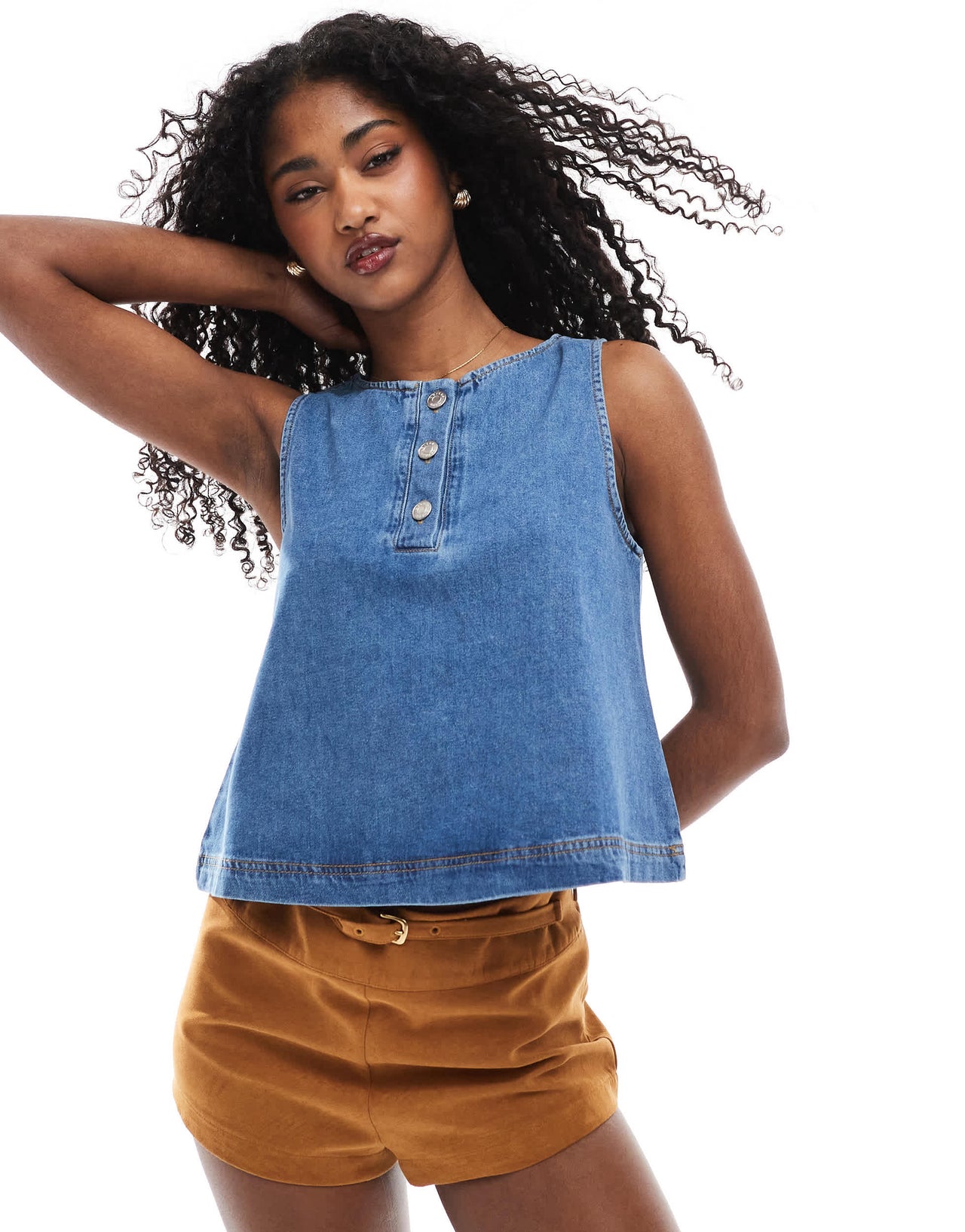 ASOS DESIGN denim tank top with henley button down neck