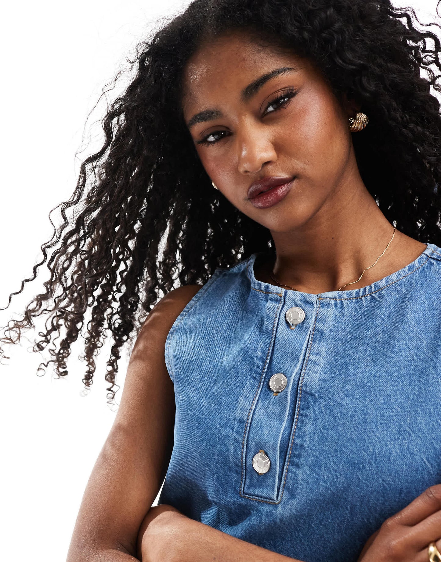 ASOS DESIGN denim shift mini dress with button detail in mid blue